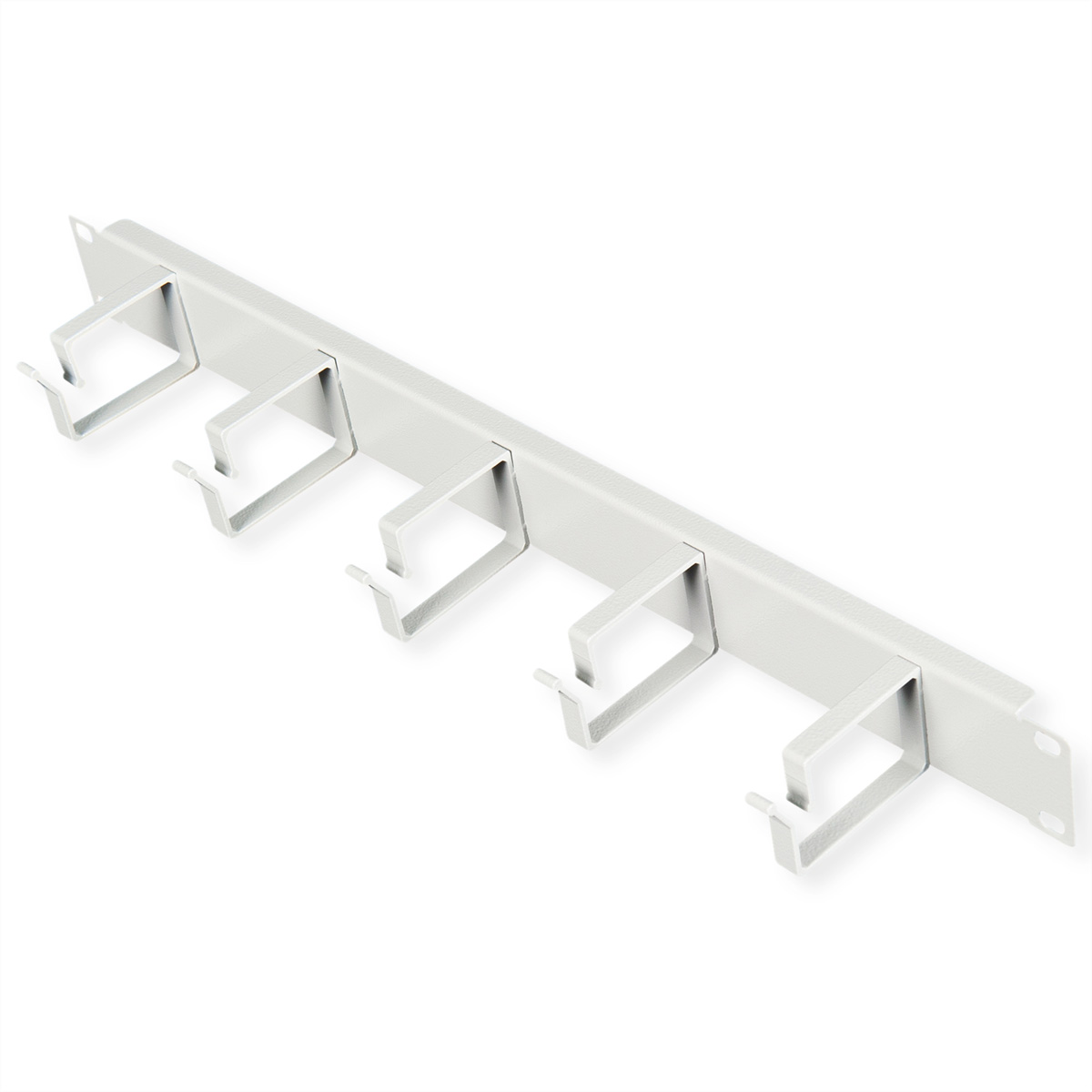 Rack di gestione cavi bianco con ganci, vista angolata.