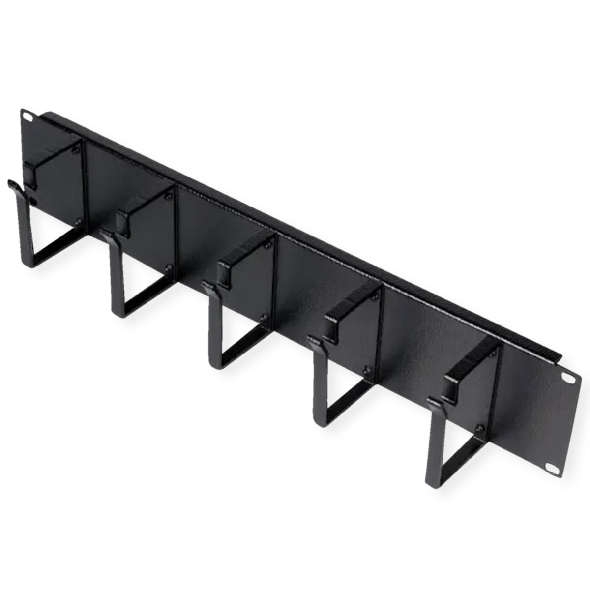 Organizzatore di cavi in metallo nero, con ganci, su sfondo bianco.