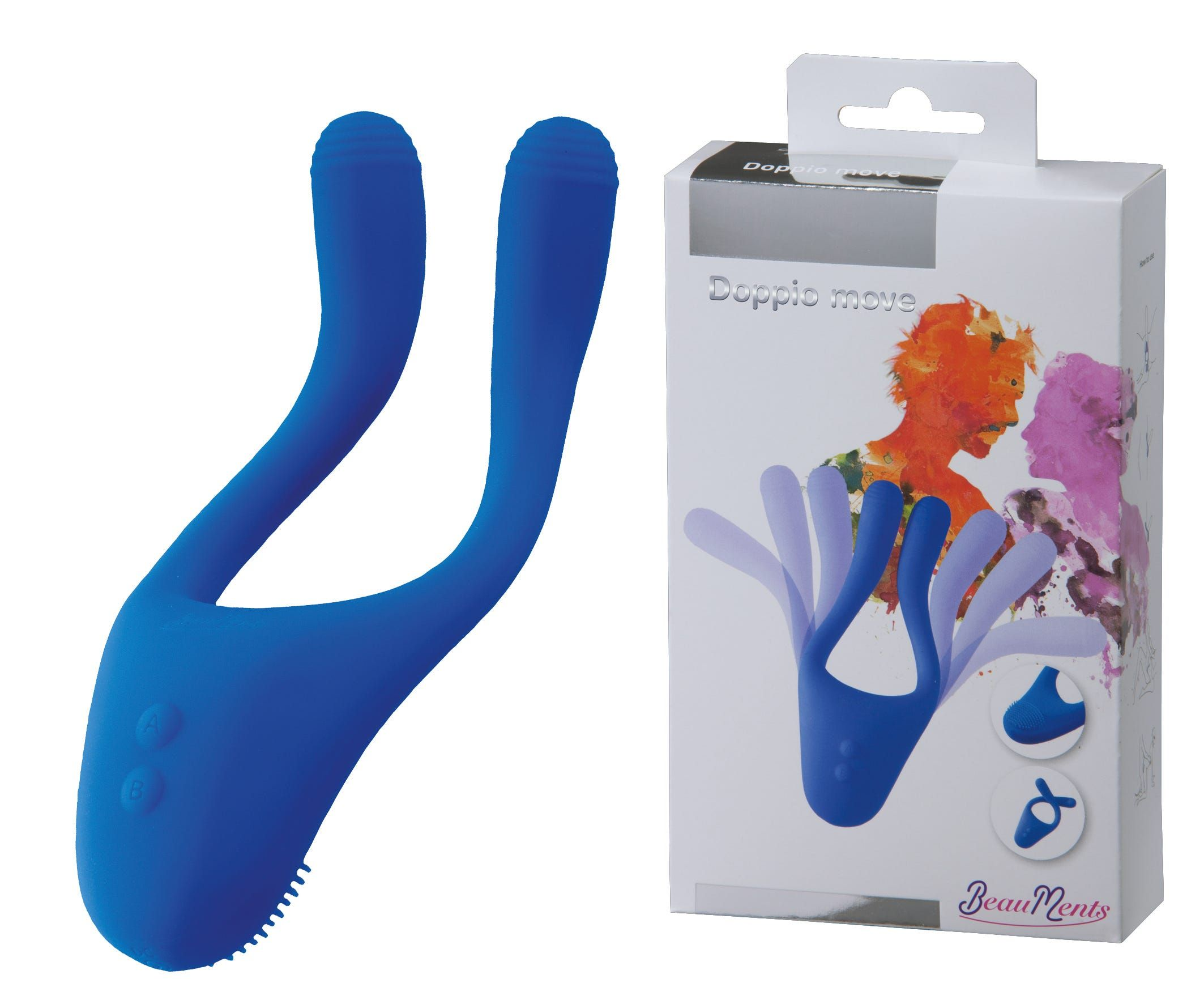 Blaues Sexspielzeug mit einer Schachtel, die eine Illustration eines Paares und den Markennamen zeigt.