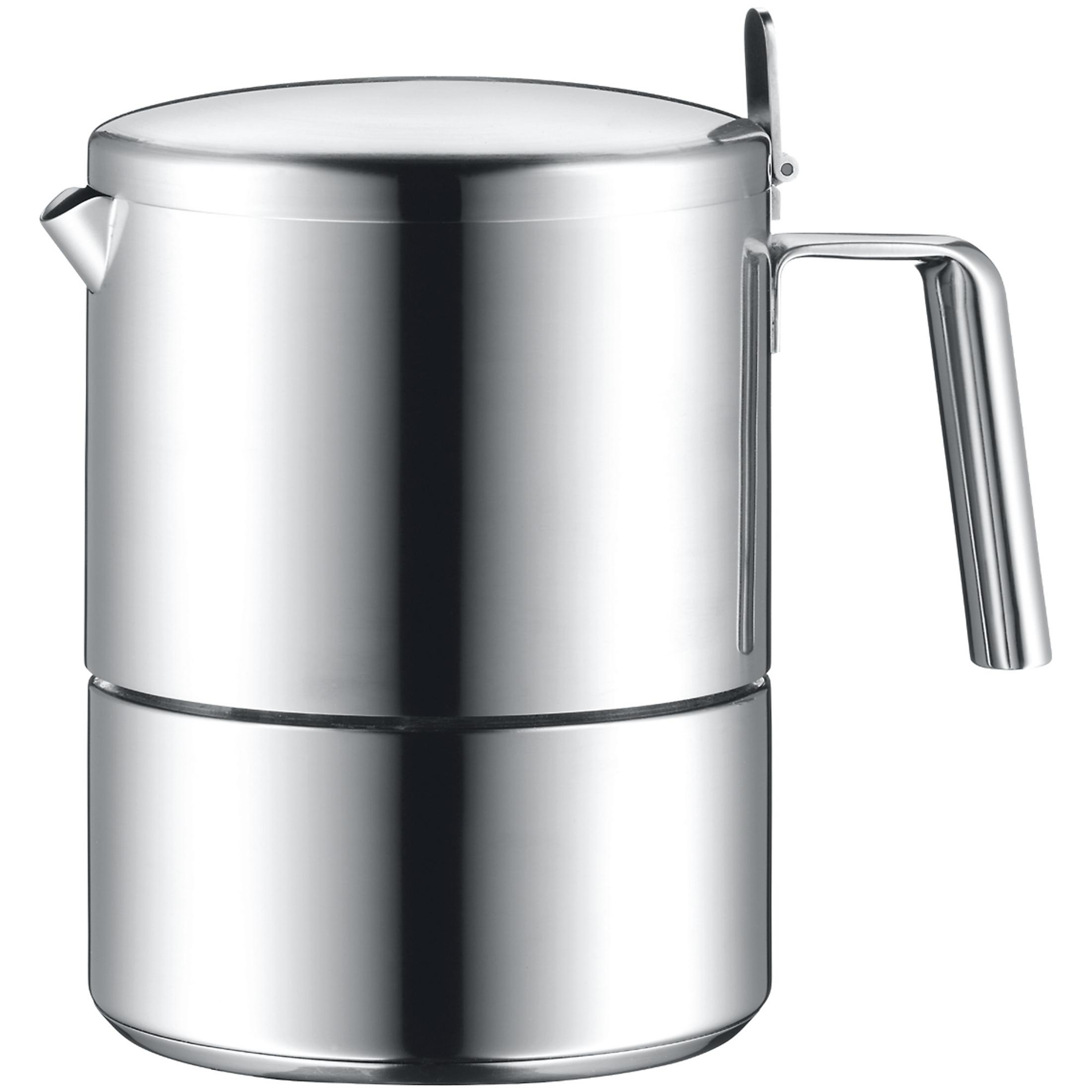 Ein italienischer Espressokocher aus Edelstahl mit Griff und Ausguss.