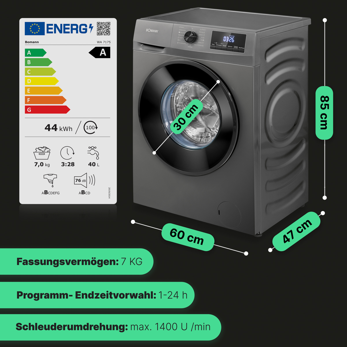 Waschmaschine. Grau, mit Digitalanzeige und Abmessungen auf der Seite angezeigt.