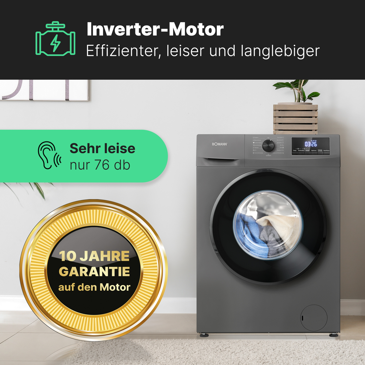 Waschmaschine mit Text zu ihren Eigenschaften und einem goldenen Garantiesiegel.