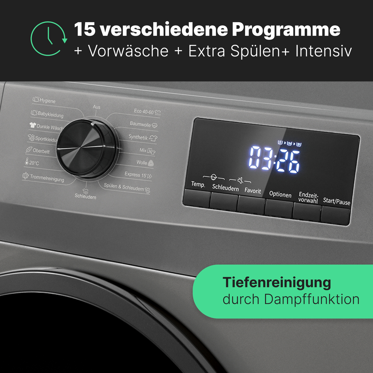 Waschmaschinen-Bedienfeld mit verschiedenen Einstellungen. Enthält einen Bildschirm mit Zeit und Optionen.