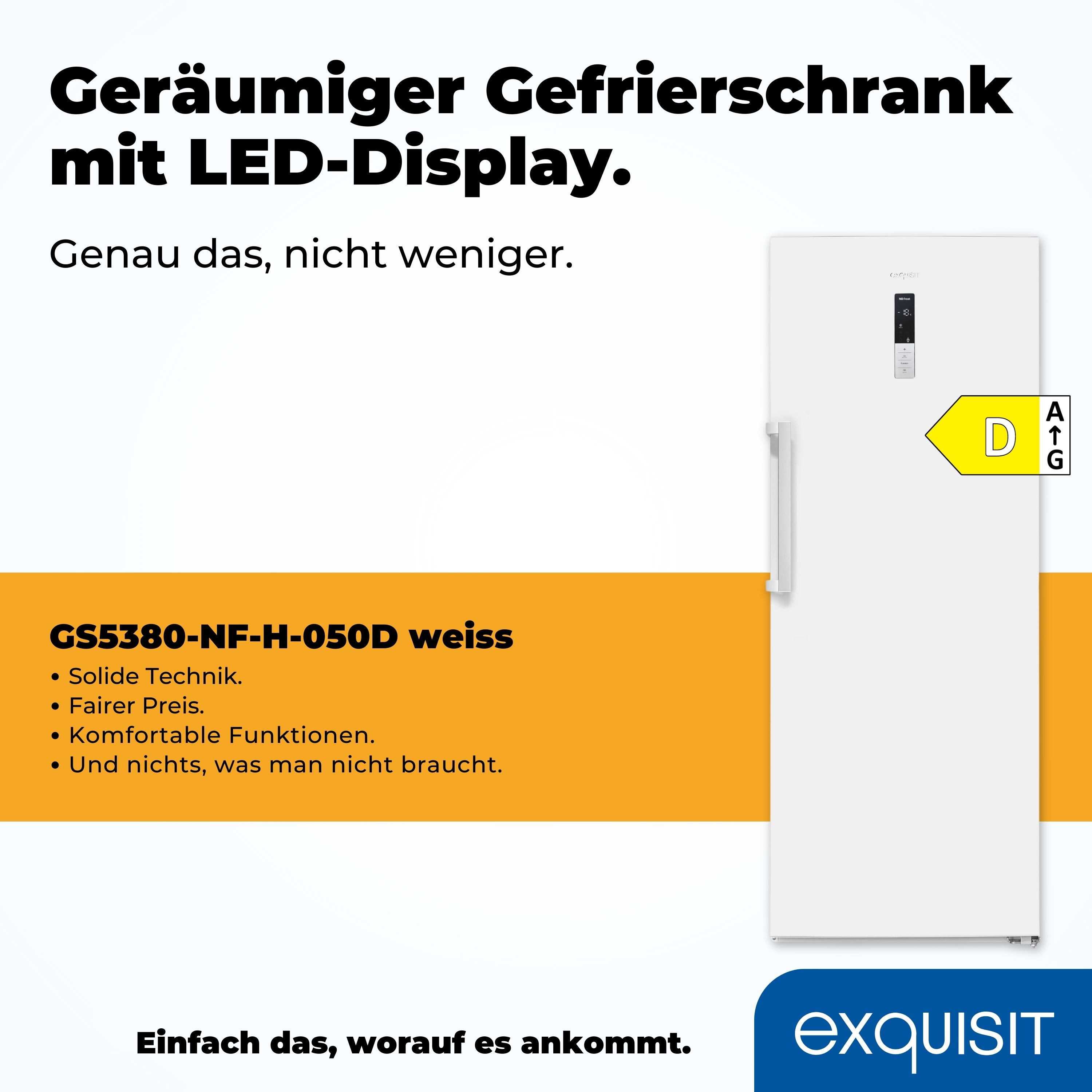 Weißer Kühlschrank mit Digitalanzeige und Energieeffizienzklasse.
