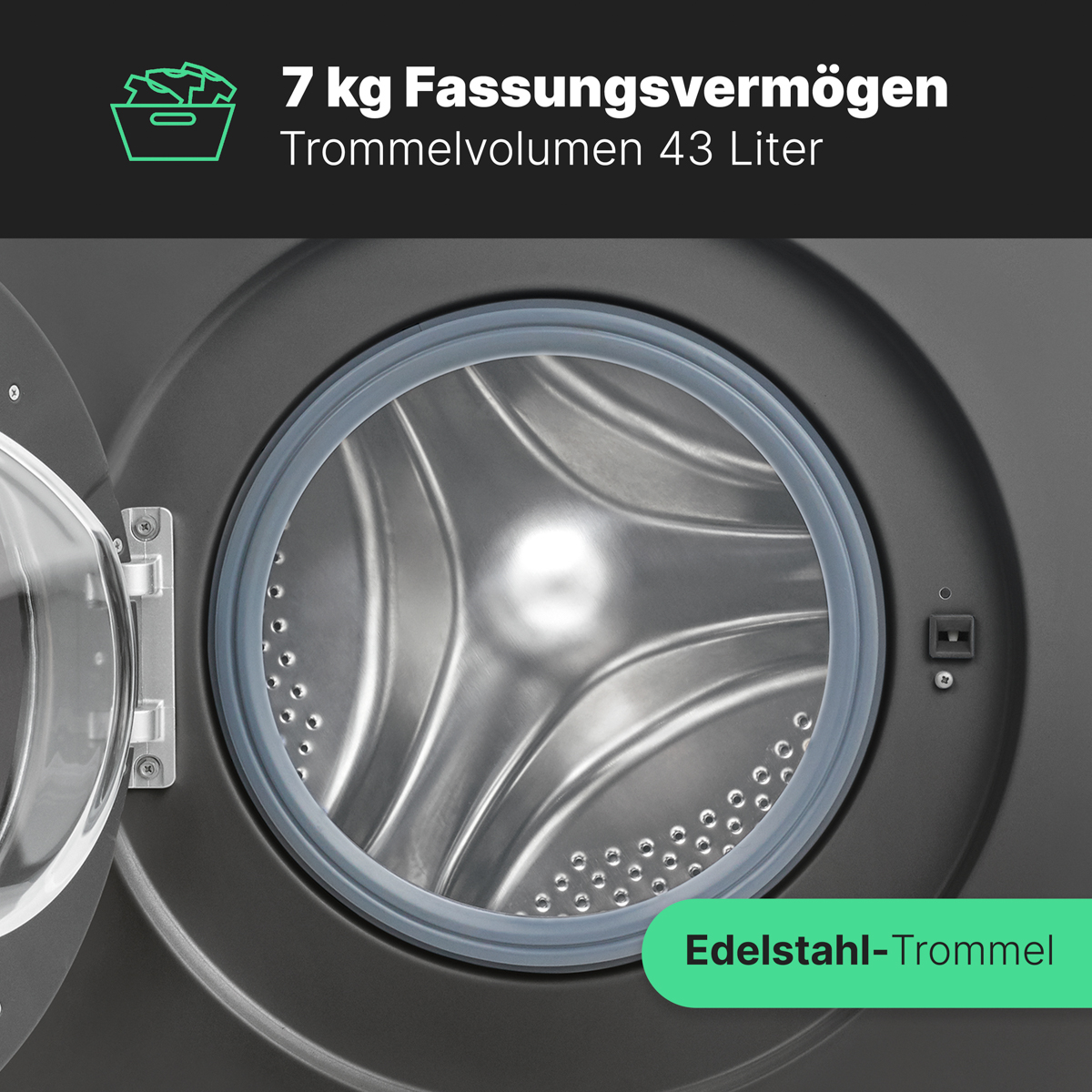 Eine Waschmaschine mit geöffneter Tür, die die Edelstahltrommel zeigt. Text erwähnt das Volumen.