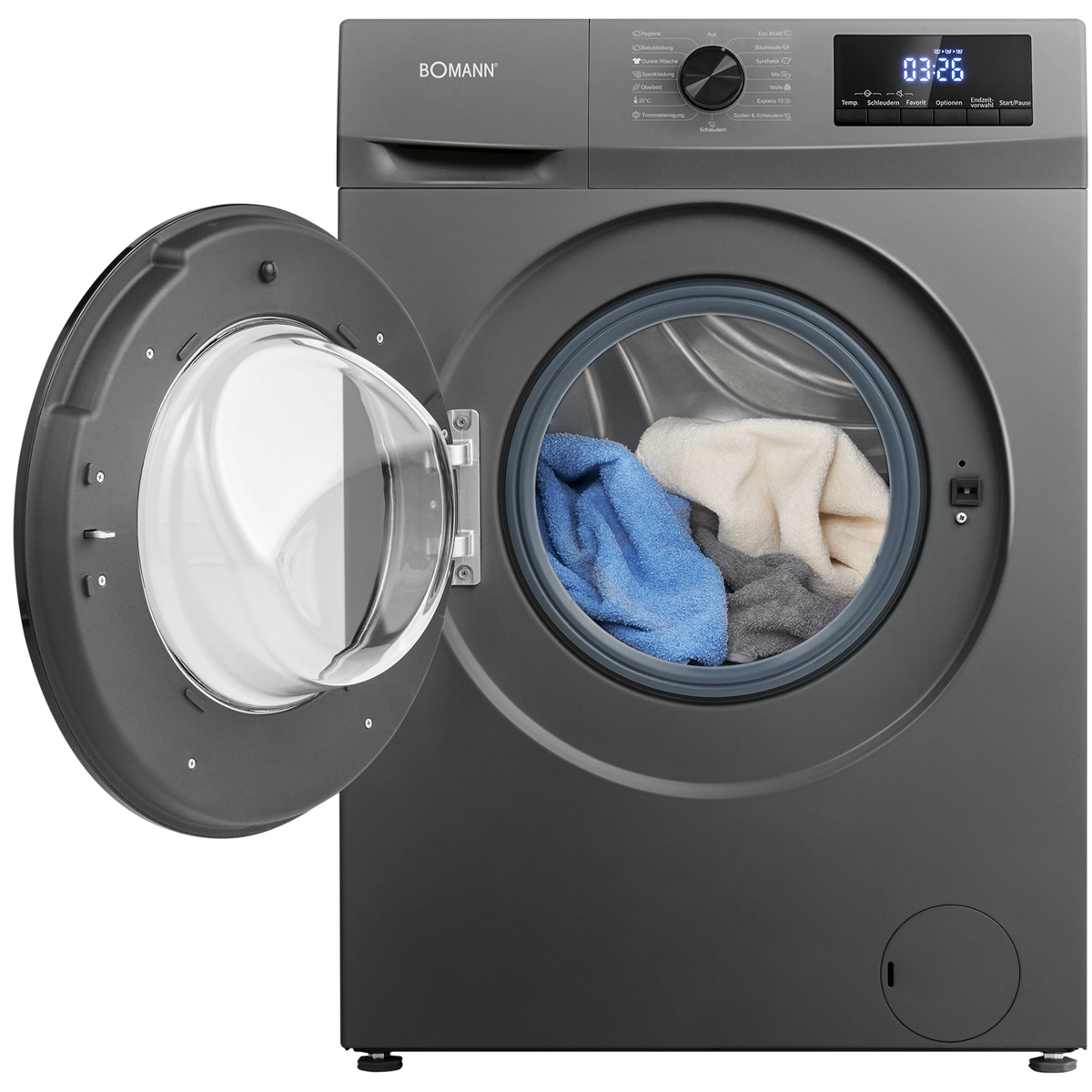 Graue Waschmaschine mit offener Tür und Kleidung im Inneren. Die Anzeige zeigt die Zeit.