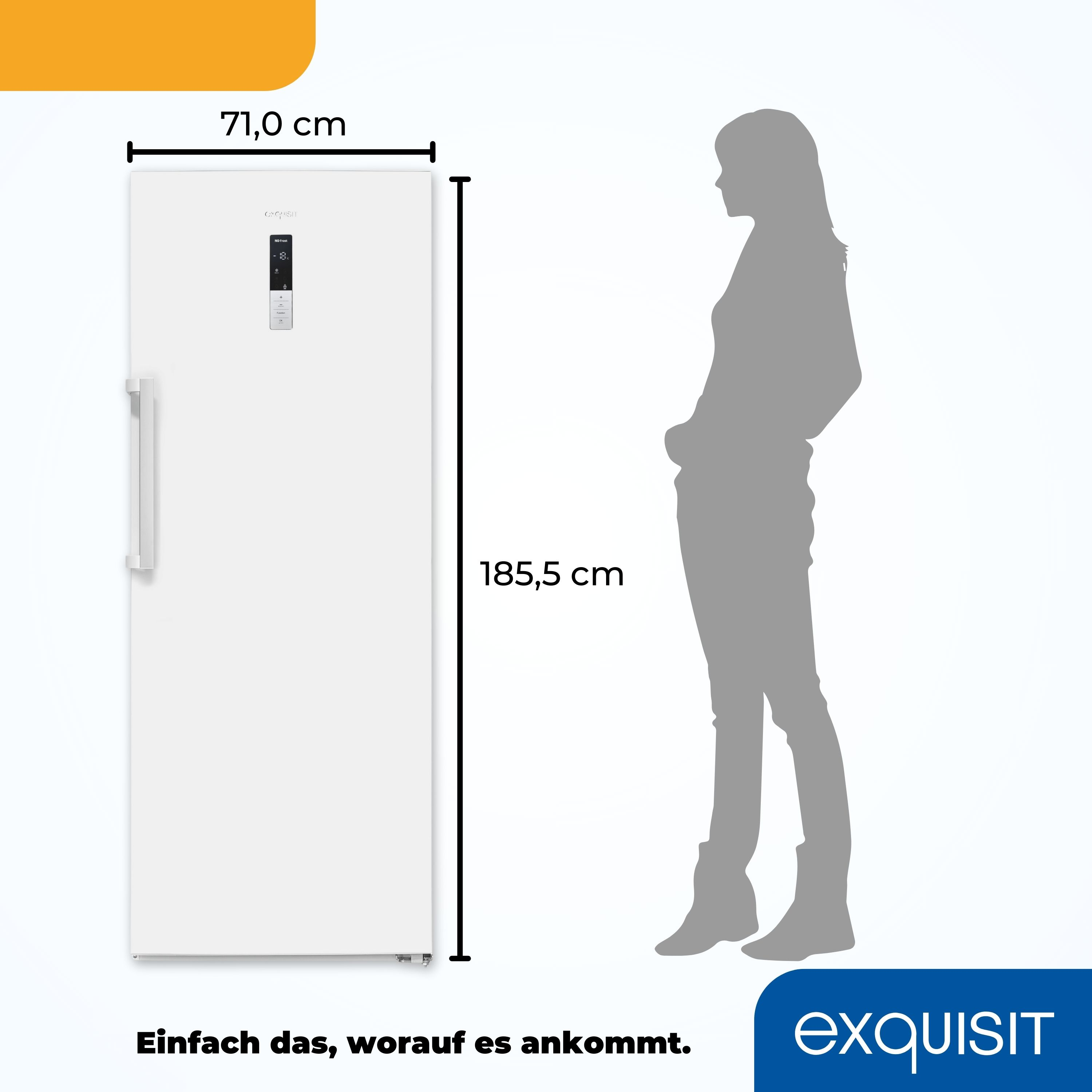 Weißer Kühlschrank mit einer Frauensilhouette daneben. Die Abmessungen des Kühlschranks werden gezeigt.