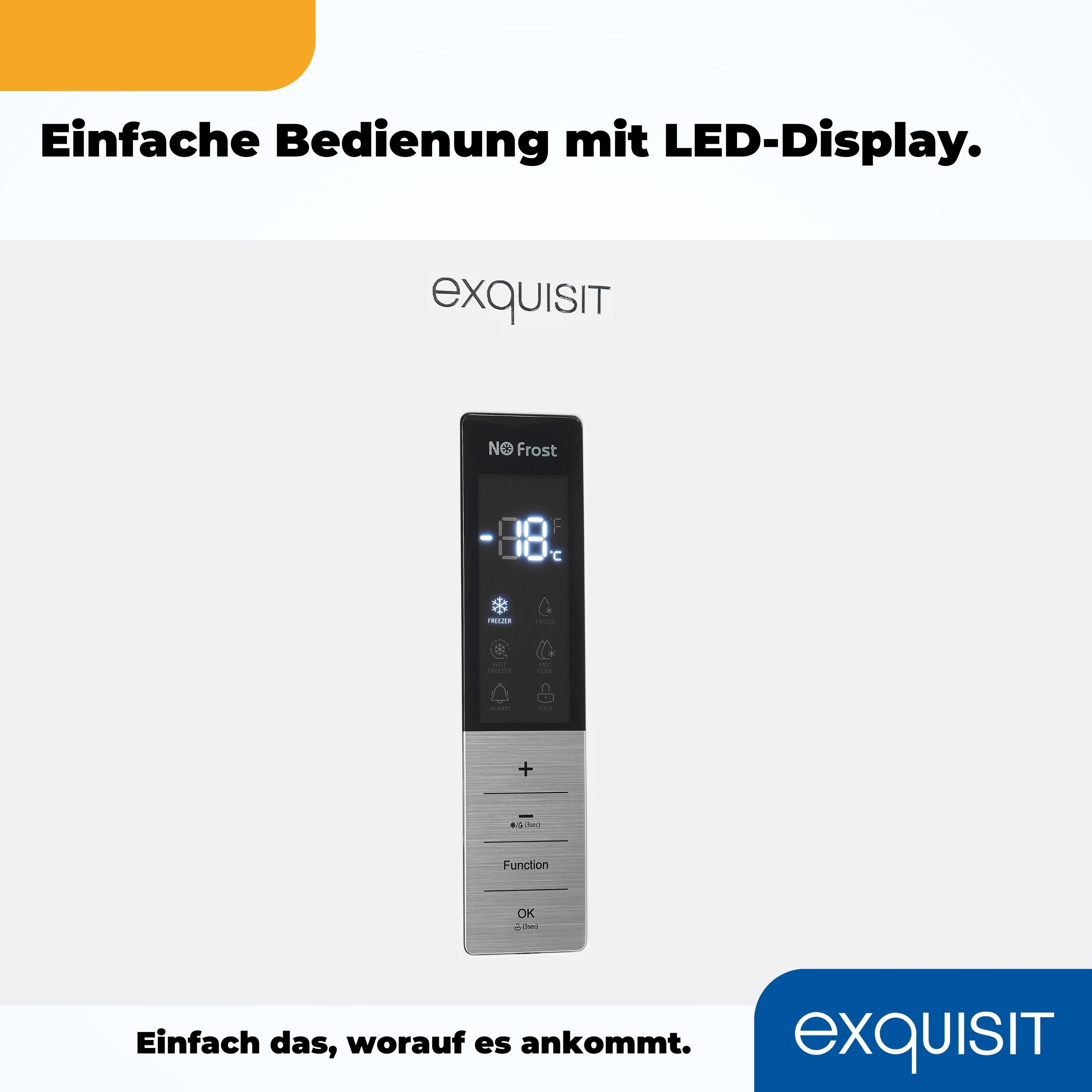 Digitalanzeige mit Temperatur auf weißem Hintergrund mit 'exquisit' Logo.