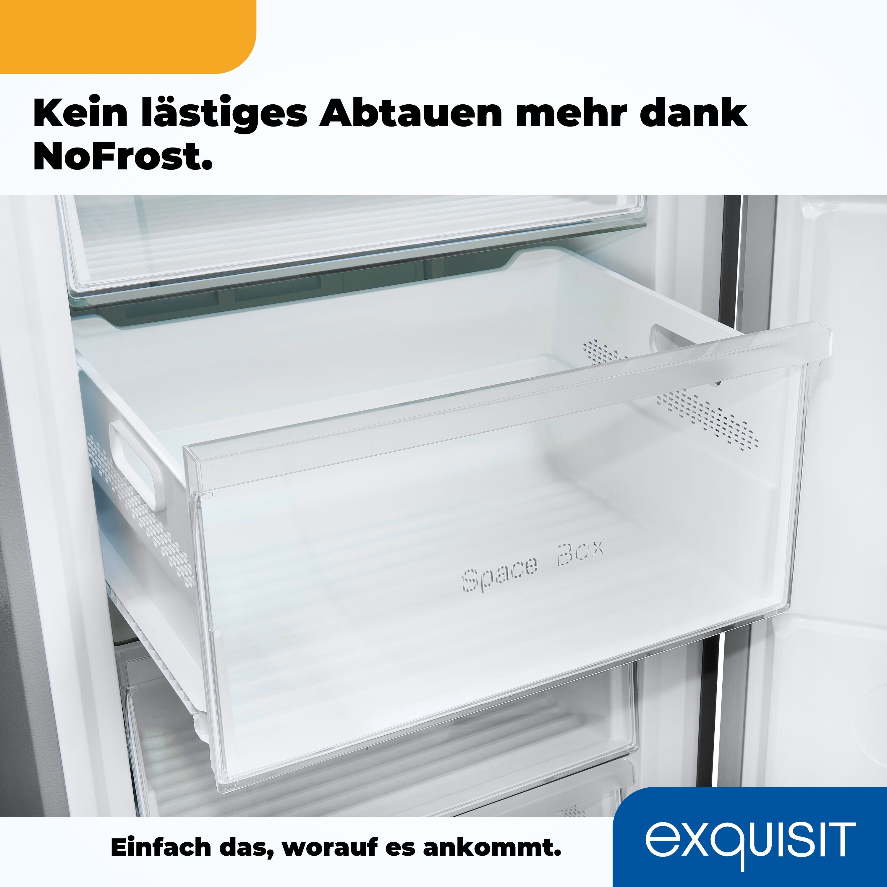 Kühlschrankinnenraum mit weißer Schublade 'Space Box'. Text auf Deutsch: 'NoFrost'.