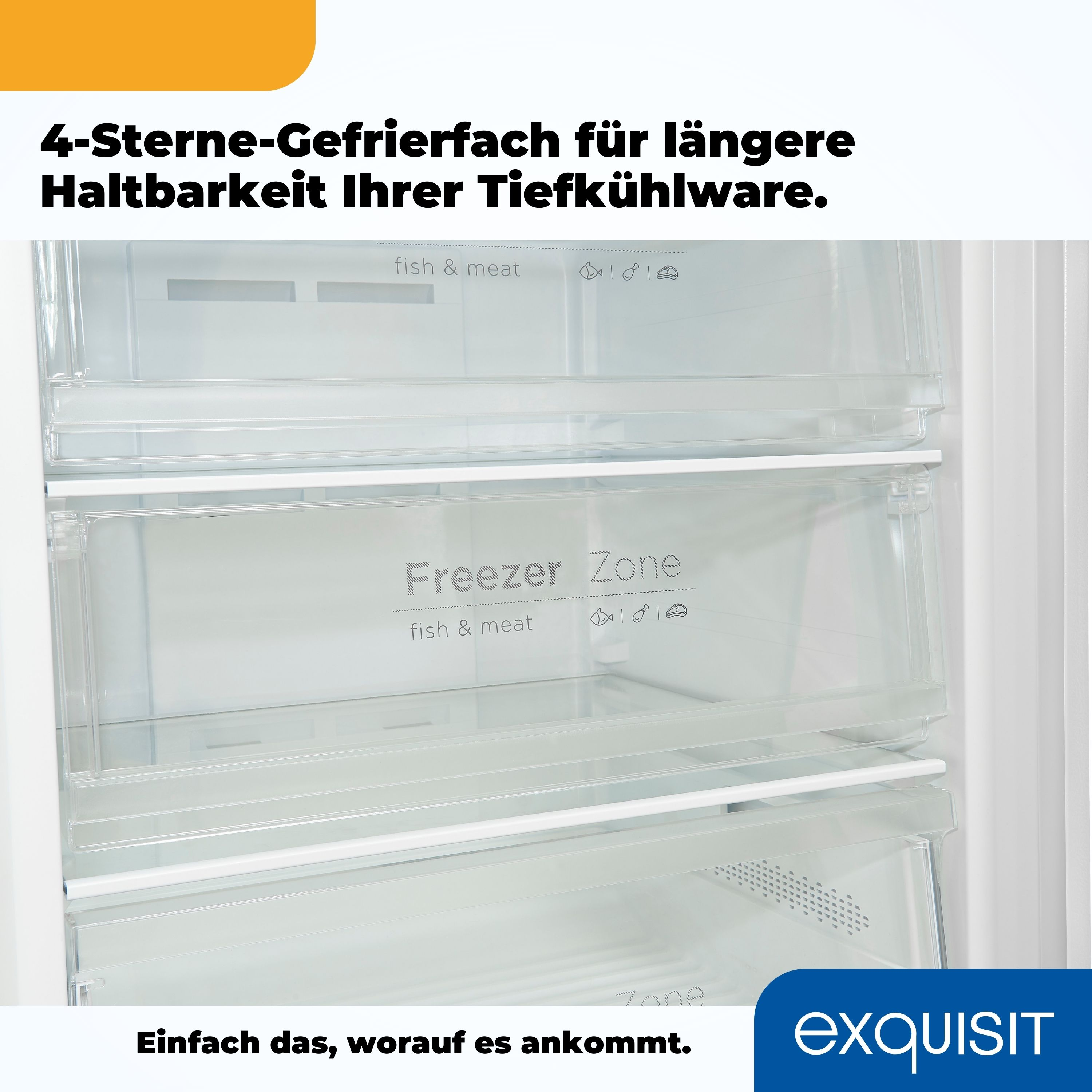 Gefrierfächer in einem Kühlschrank mit Beschriftungen. Marke: Exquisit.