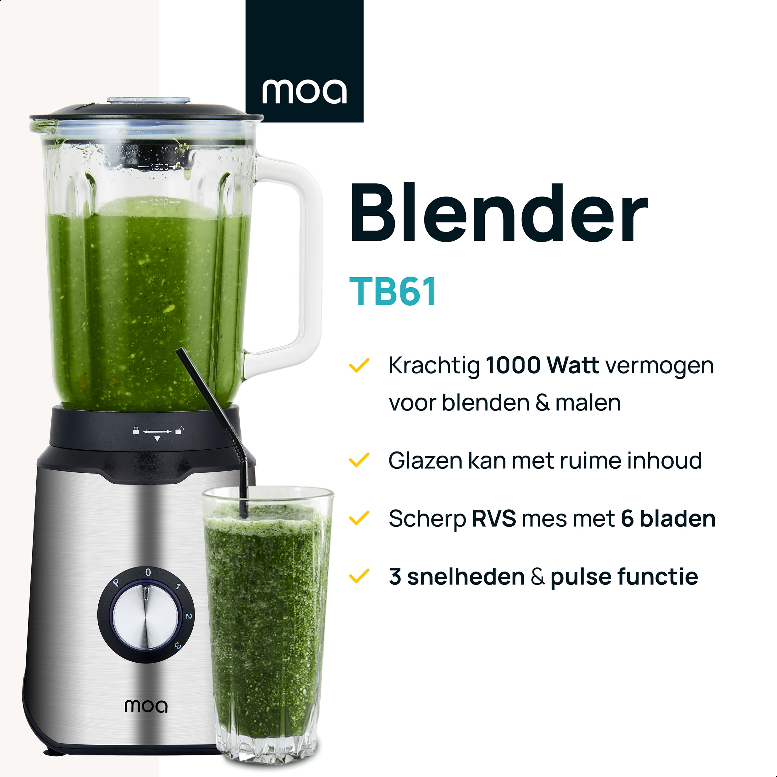Blender with green smoothie. Glass with smoothie. Stainless steel base, glass jar, black lid and straw.