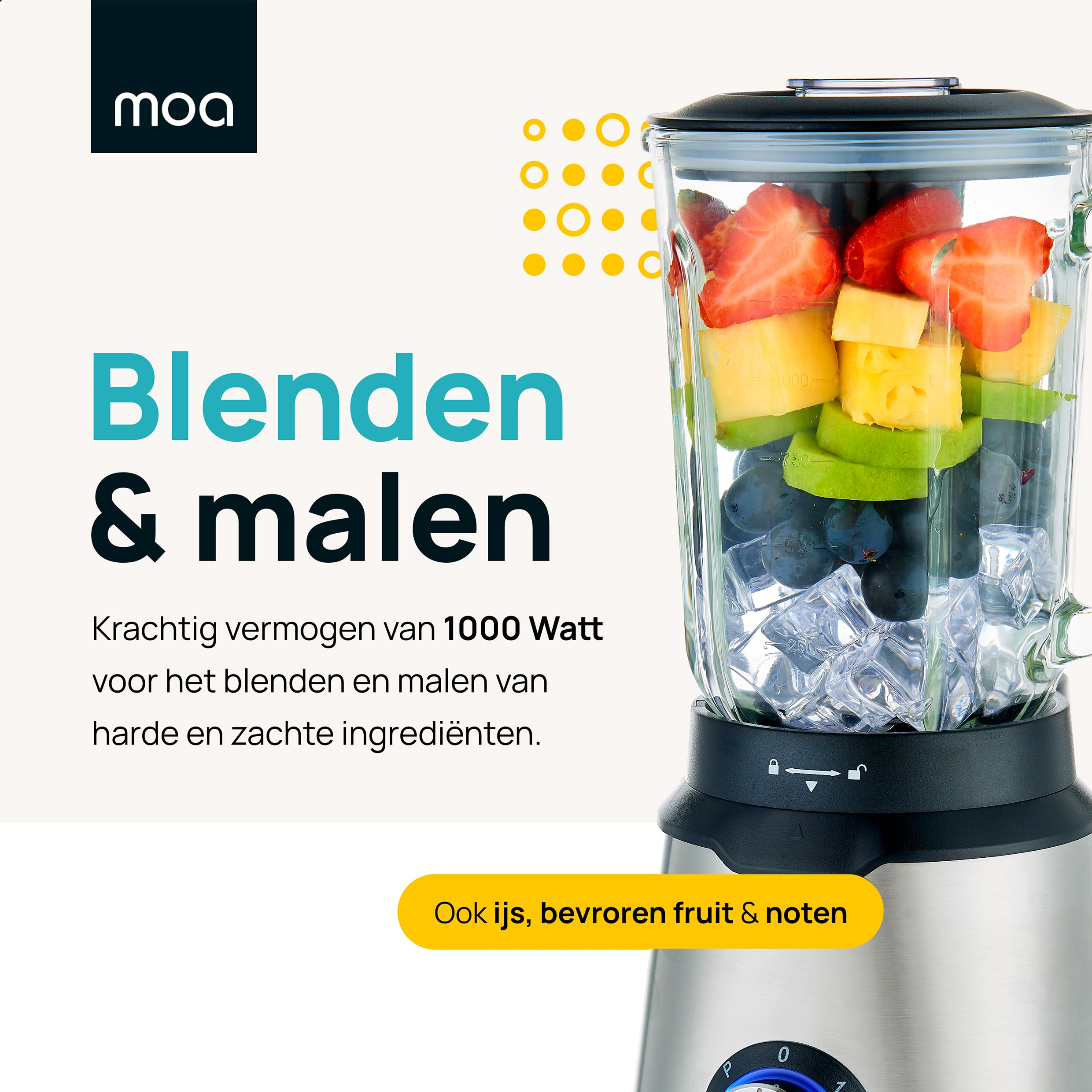 A blender with mixed fruits and ice cubes. Text: Blenden & malen.
