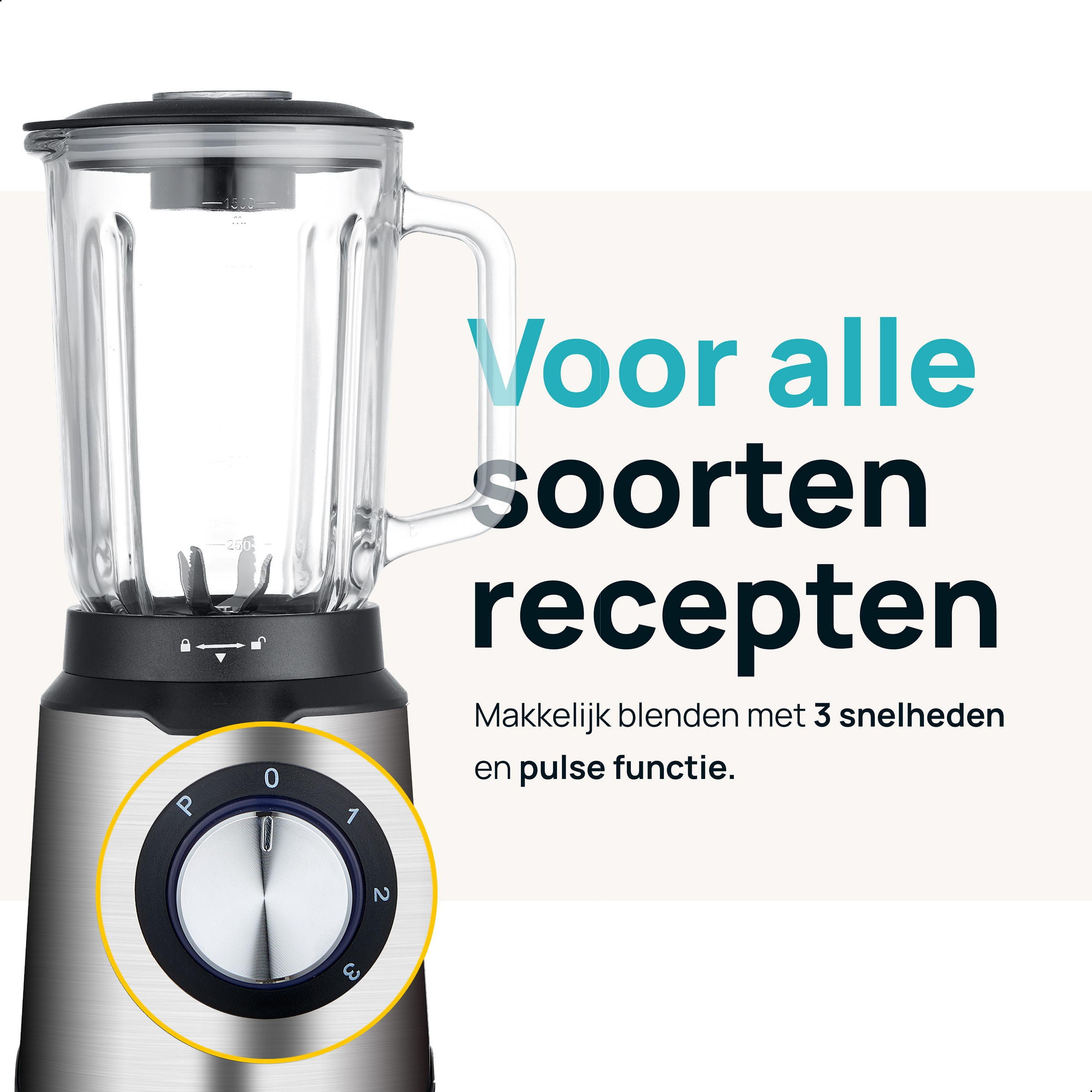 Blender with dial, text says: For all kinds of recipes. Dial has numbers 0-3.
