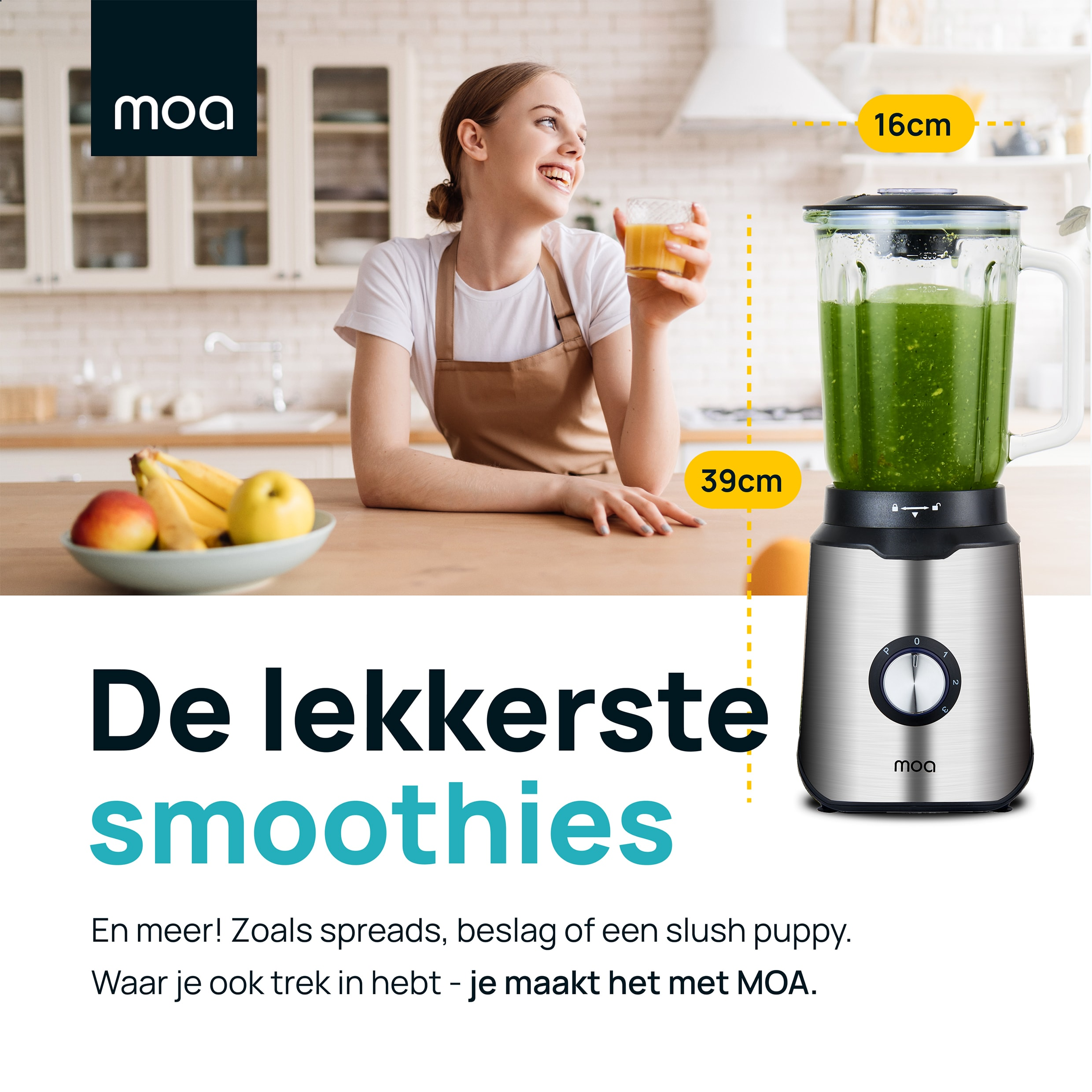 Woman holding a glass of juice, next to a blender. Text says 'De lekkerste smoothies'.