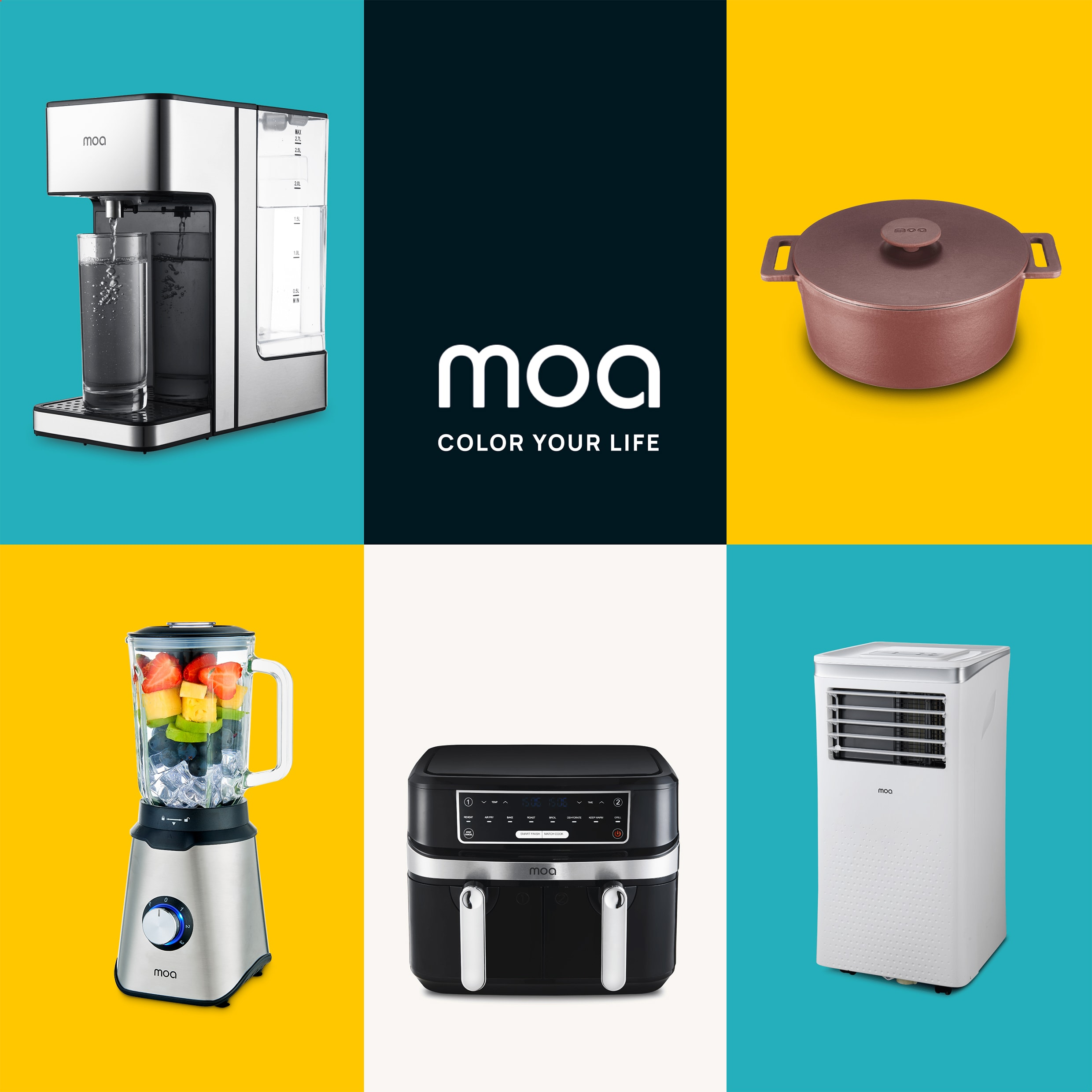 Assortment of MOA kitchen appliances: blender, air fryer, coffee maker, pot.