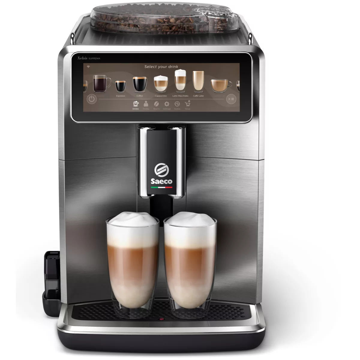 Eine silberne Espressomaschine mit Touchscreen und zwei Gläsern mit Latte.