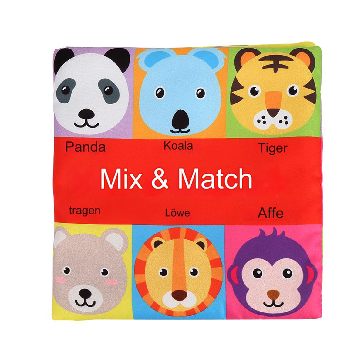 Ein farbenfroher Stoff mit Cartoon-Tiergesichtern und Etiketten: Panda, Koala, Tiger, Bär, Löwe, Affe.