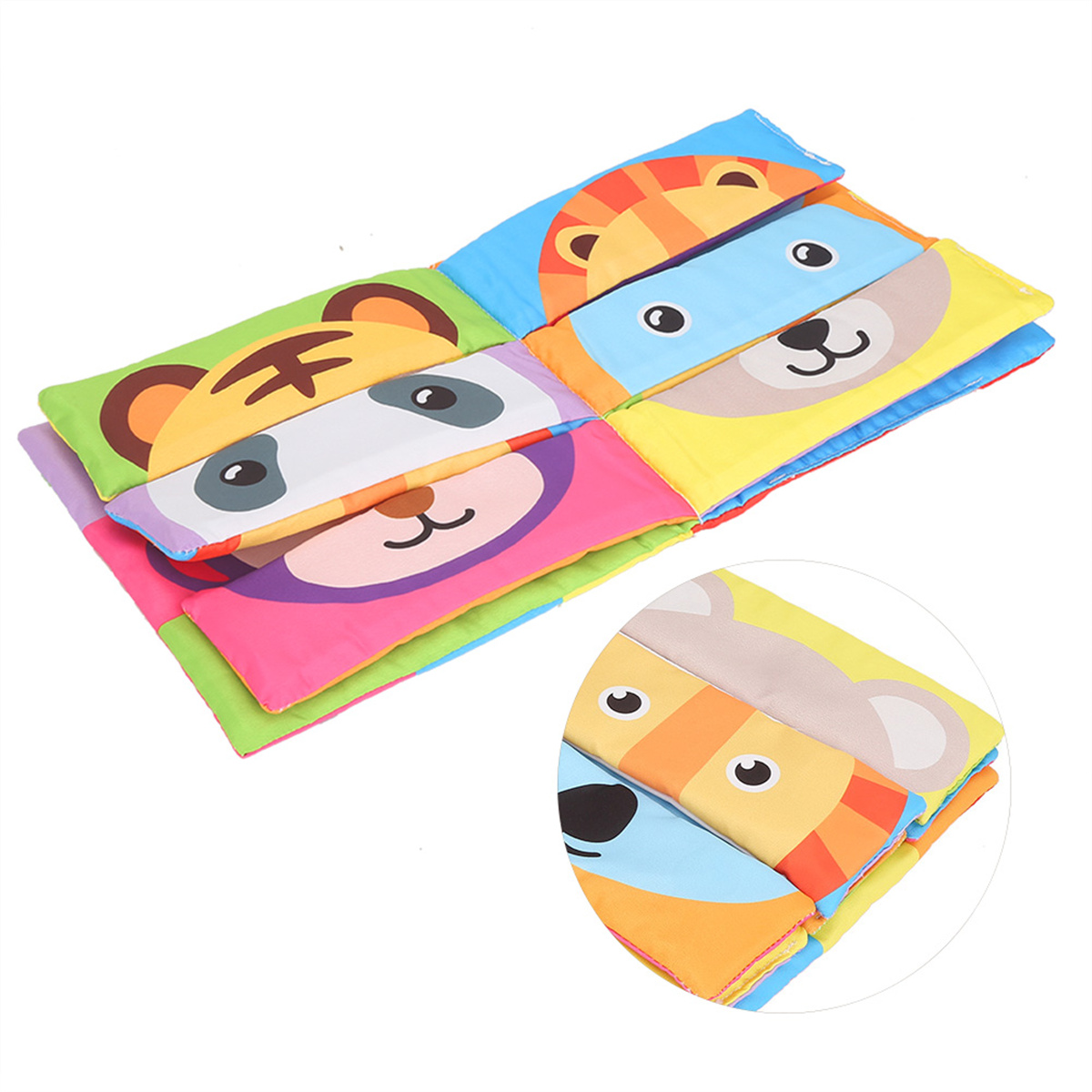 Ein buntes Stoffbuch mit Tiergesichtern. Eine Nahaufnahme des Buches wird gezeigt.