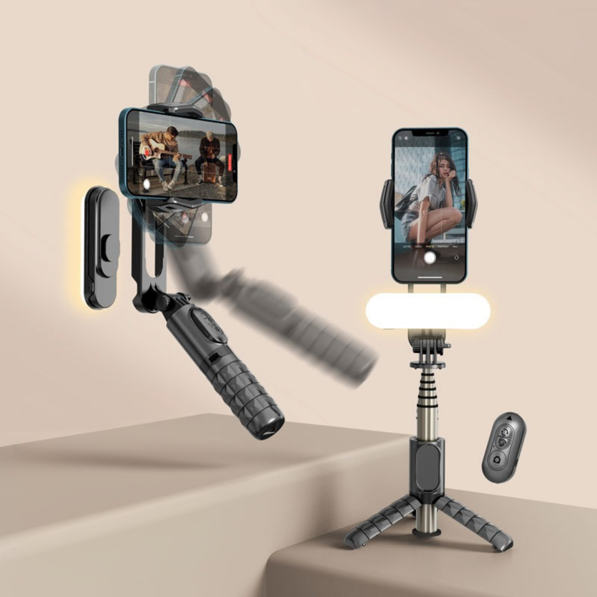 Ein Telefon ist an einem Stativ befestigt, mit Licht, verschiedene Winkel, drinnen.