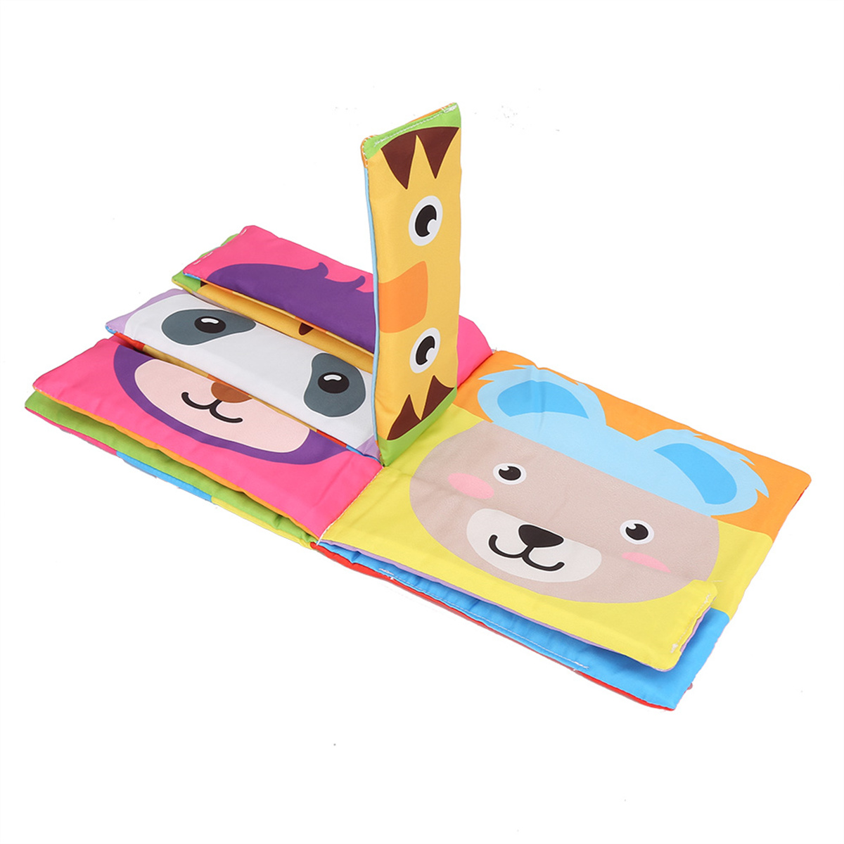 Buntes Stoffbuch für Babys mit Tiergesichtern. Weißer Hintergrund.