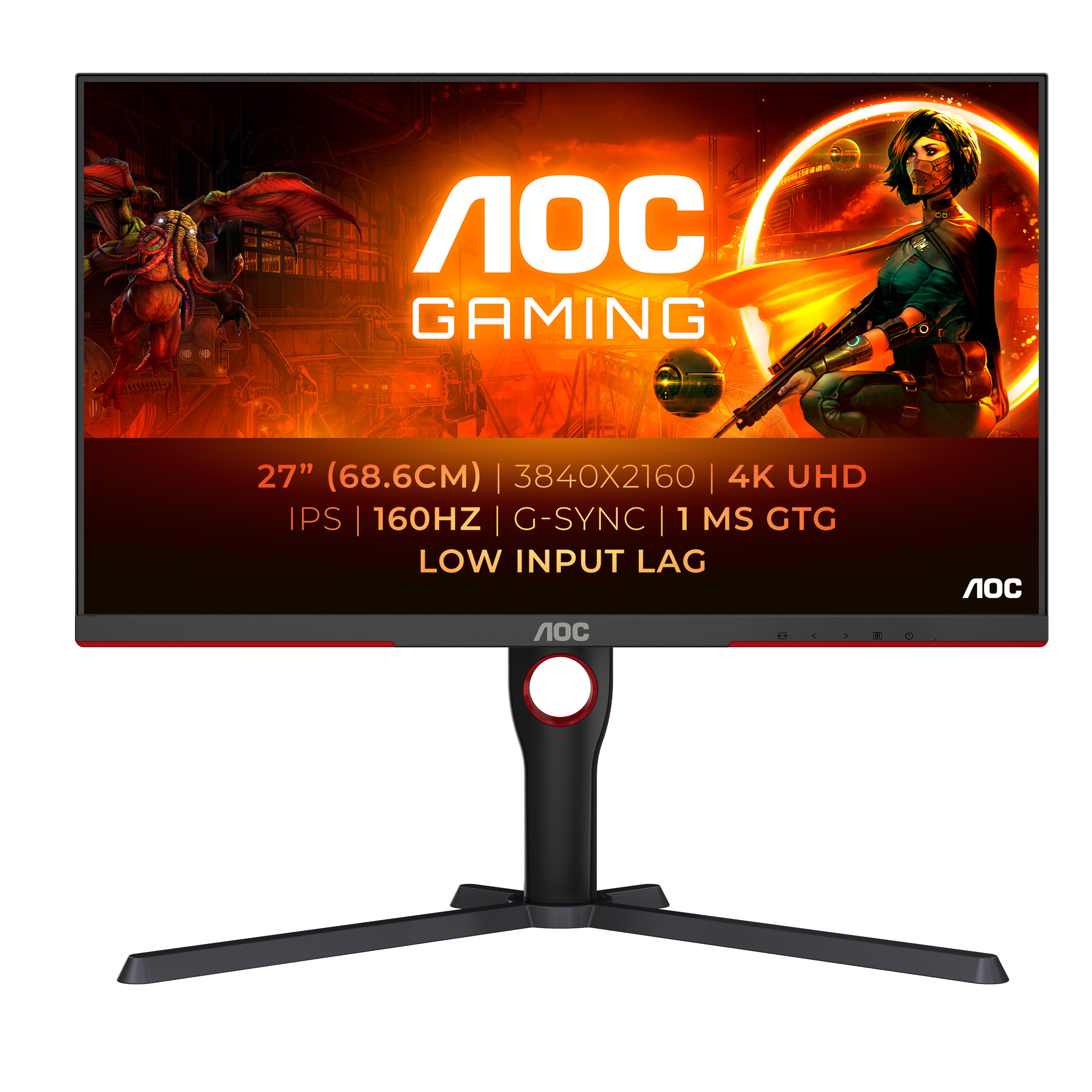 Monitor da gioco AOC con cornice nera e dettagli rossi, che mostra una scena di gioco.