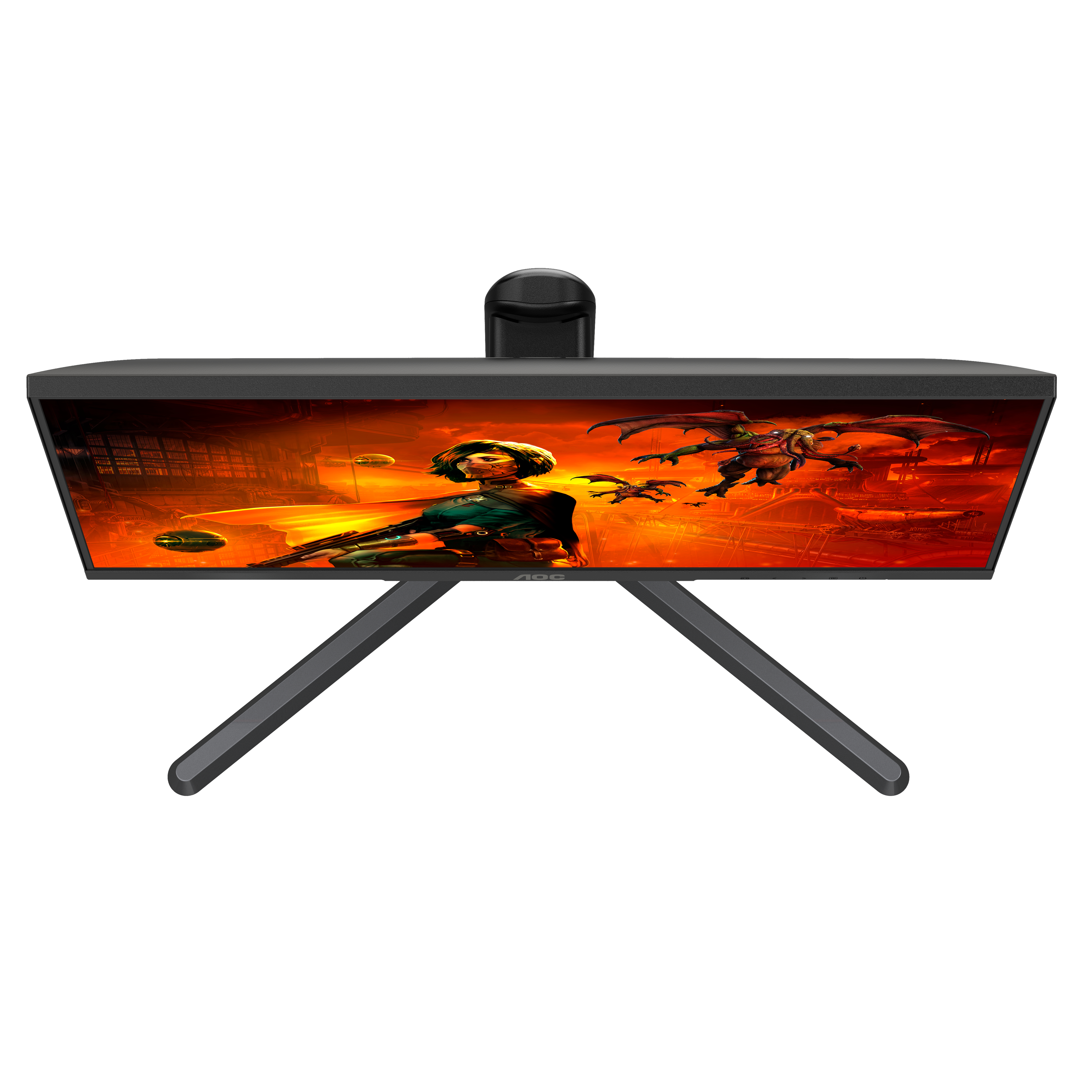 Monitor da gioco da una vista dall'alto. Mostra una scena di gioco e un supporto.