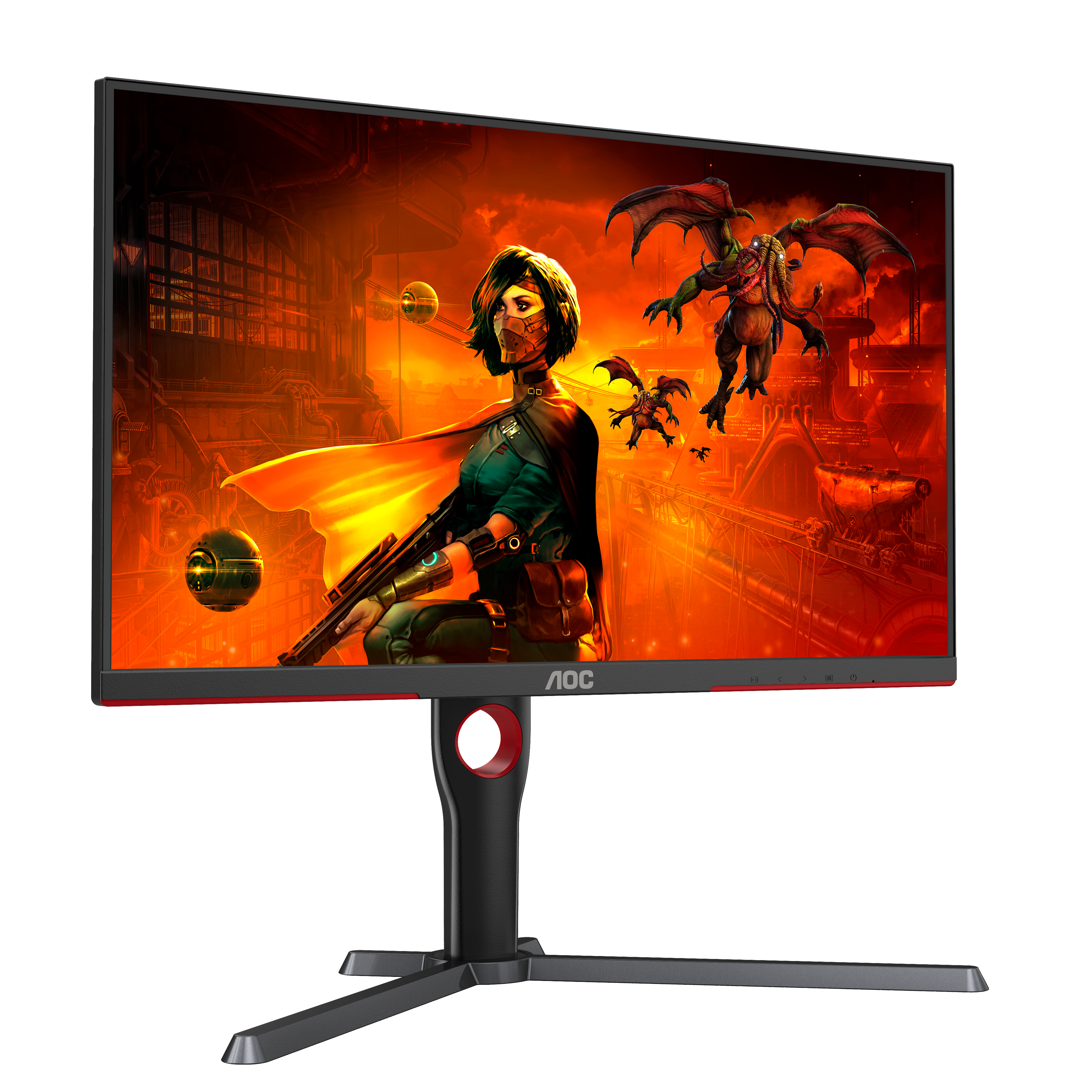 Monitor da gioco che mostra una scena di gioco con una donna armata, demoni e uno sfondo infuocato.