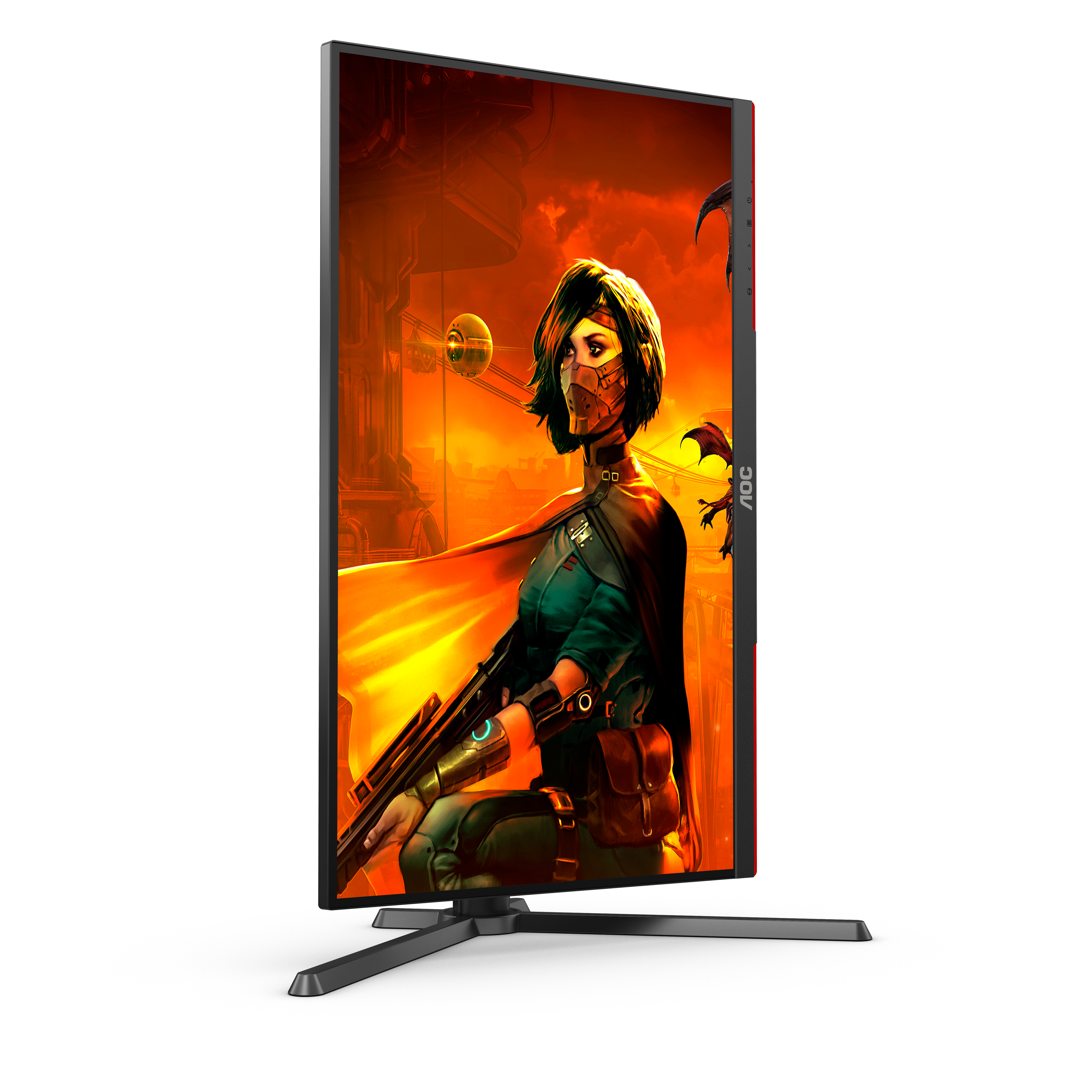 Un monitor da gioco che mostra un personaggio femminile con maschera, con sfondo rosso e arancione.
