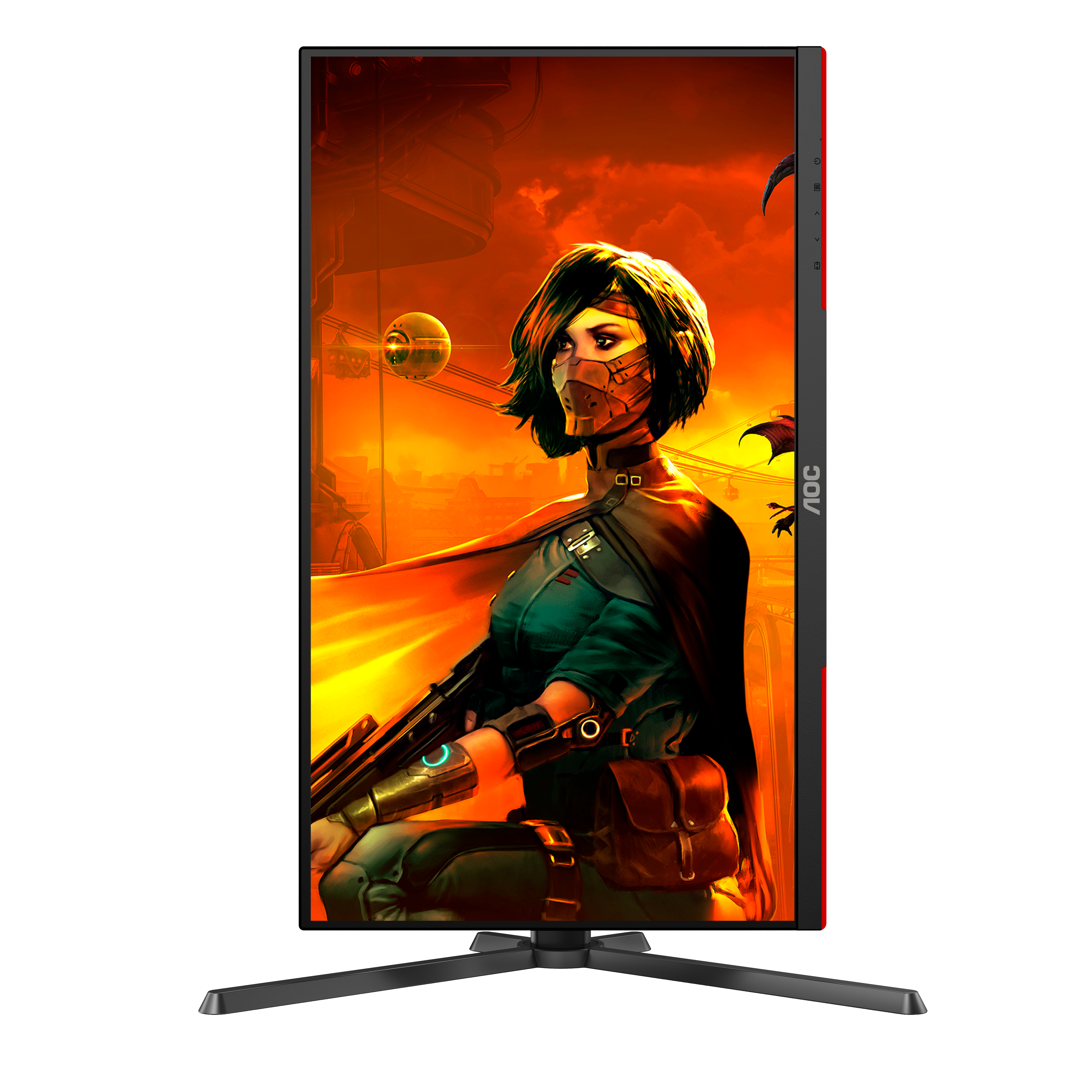 Monitor da gioco AOC che mostra un personaggio femminile mascherato, con un'arma, in un ambiente futuristico.
