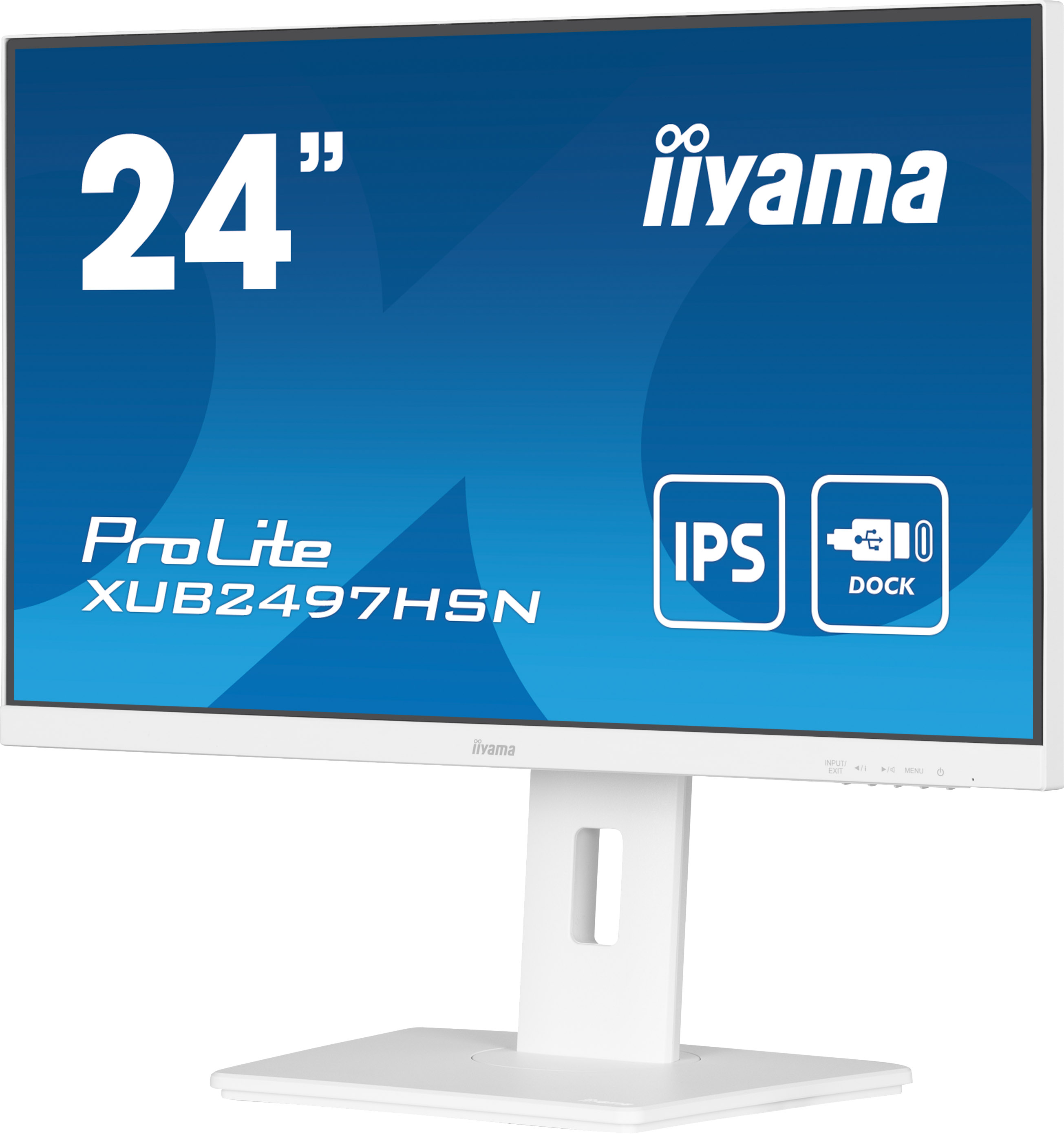 Biały 24-calowy monitor iiyama z niebieskim tłem i nazwą modelu ProLite XUB2497HSN.