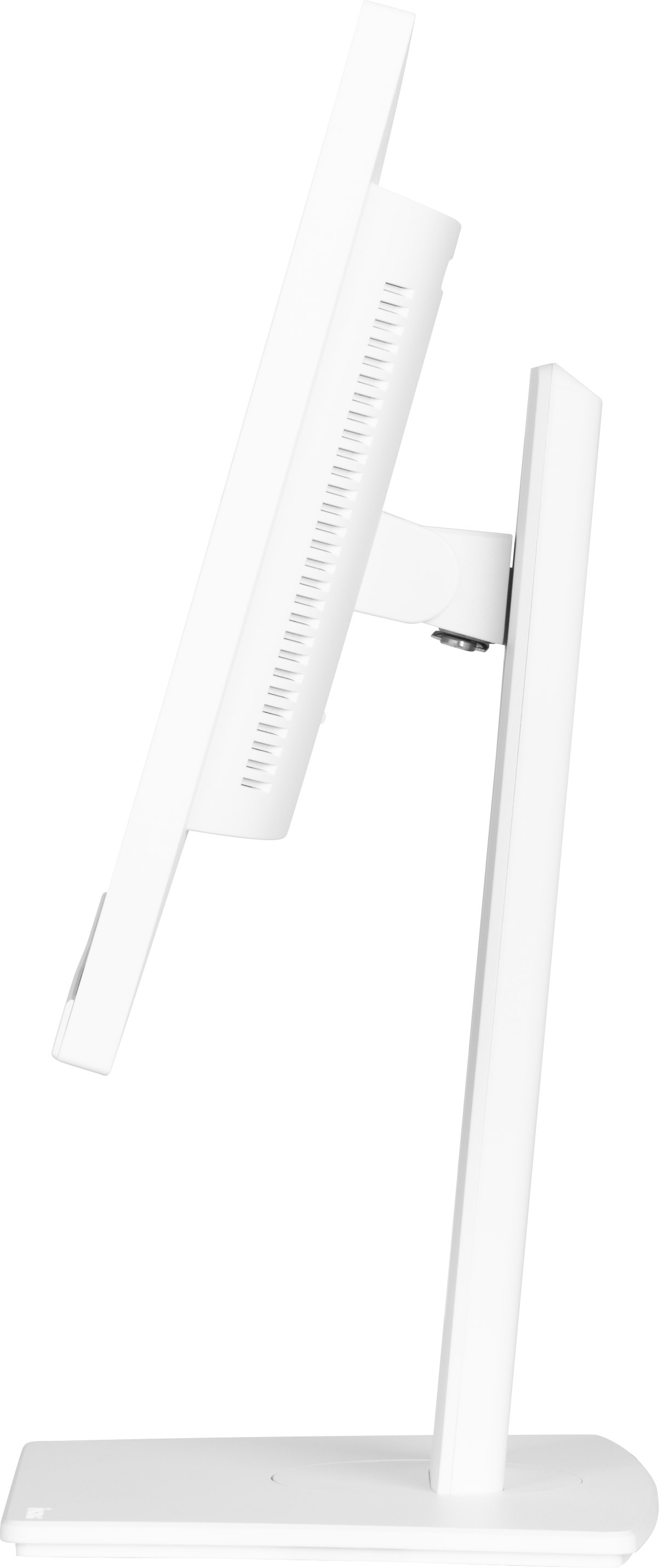 Biały monitor komputera, widok z boku, na białej podstawie.