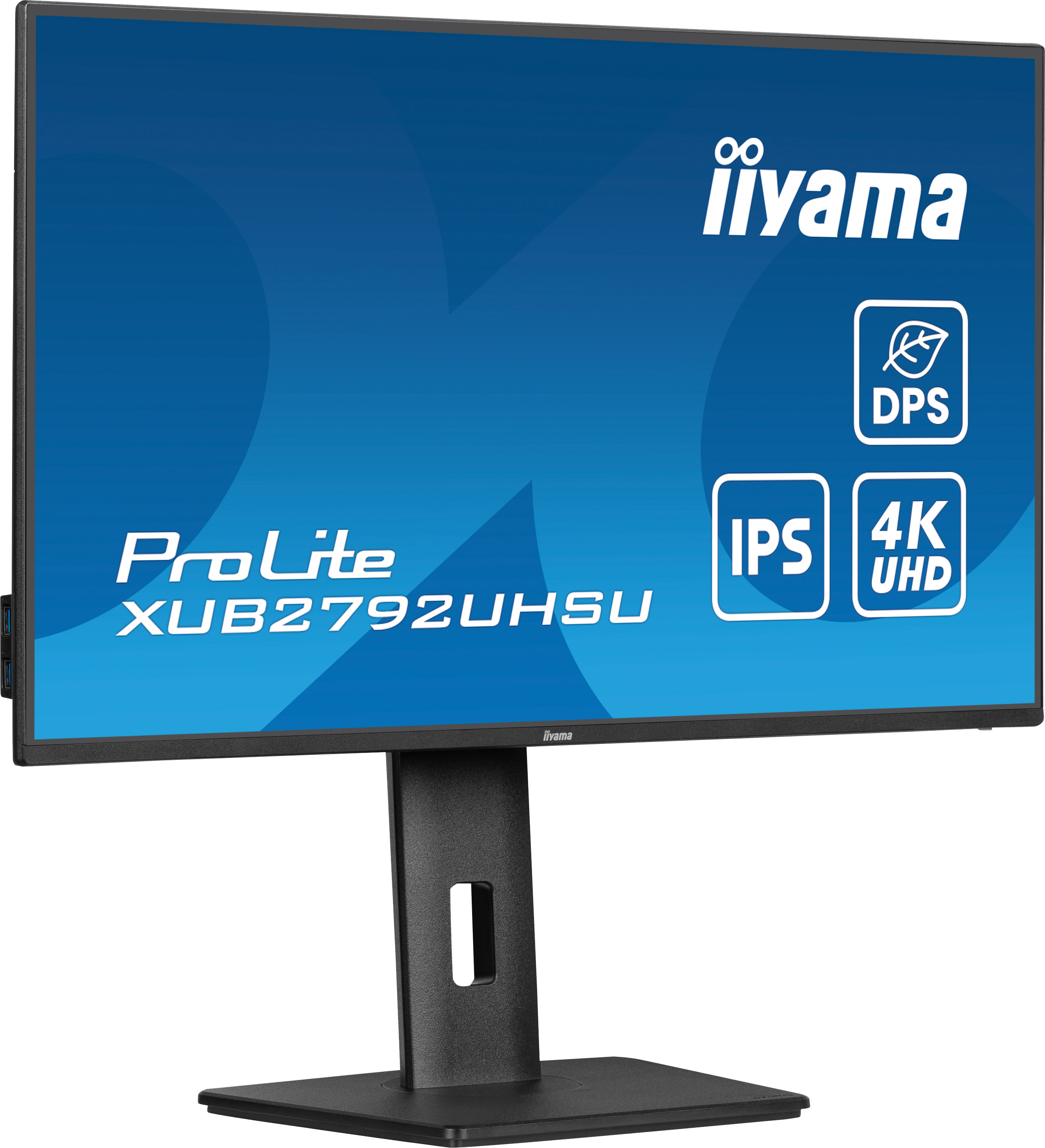 Monitor Iiyama ProLite; czarna podstawa, niebieskie tło z tekstem, ikony dla DPS i 4K UHD.