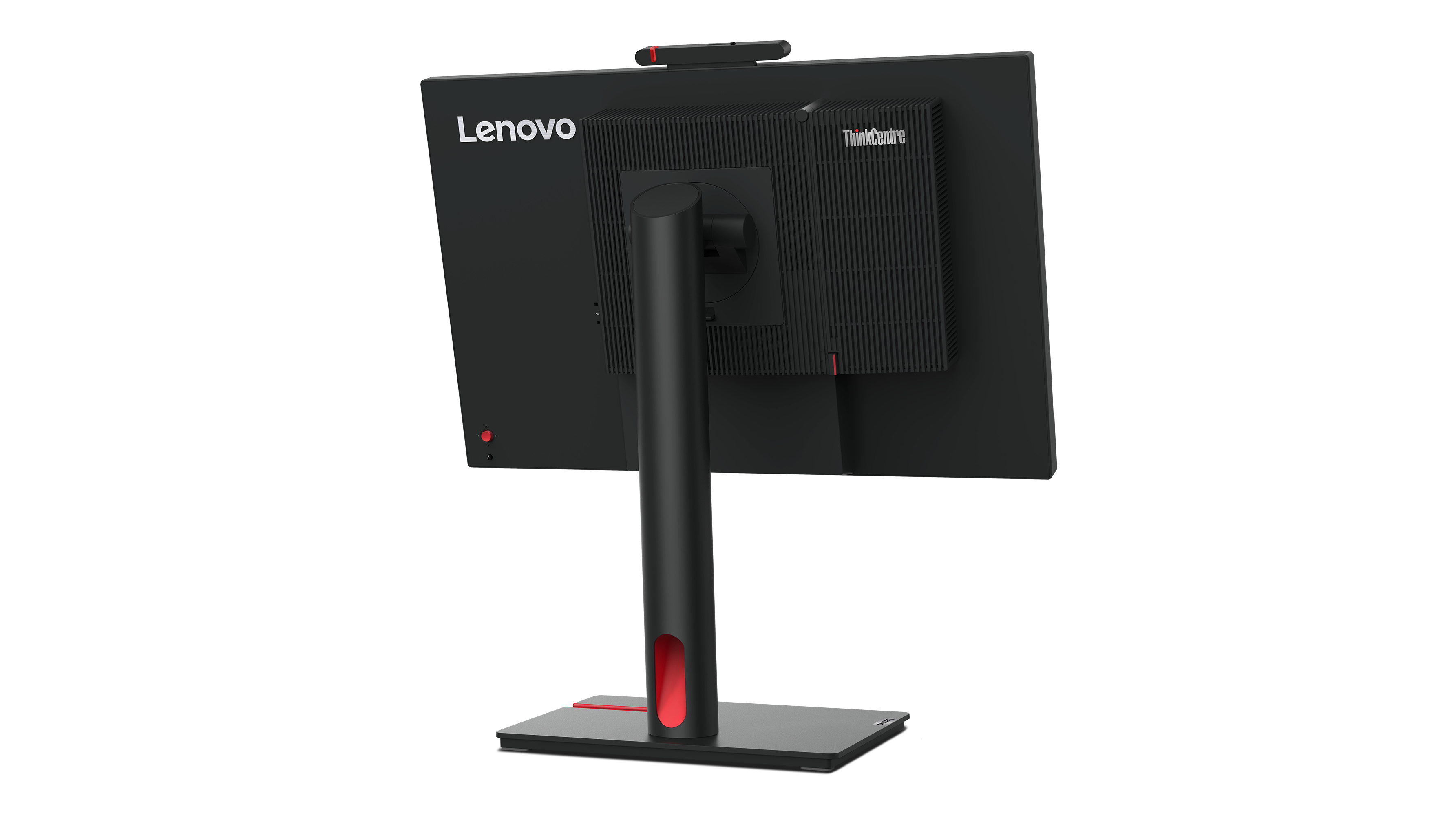 Tył komputera Lenovo ThinkCentre all-in-one z czarną podstawą i czerwonymi akcentami.