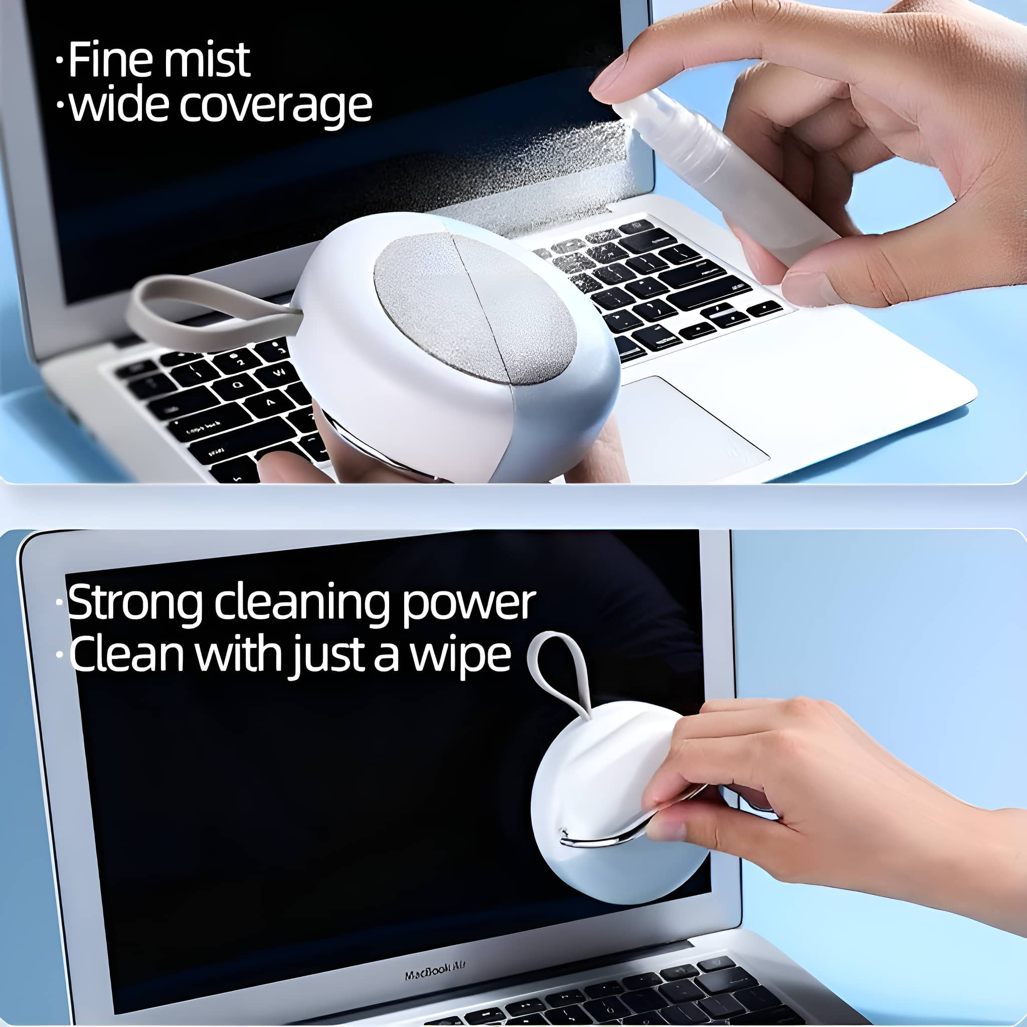 Zwei Bilder, die zeigen, wie ein Laptop mit einem Spray und einem Wischtuch gereinigt wird.