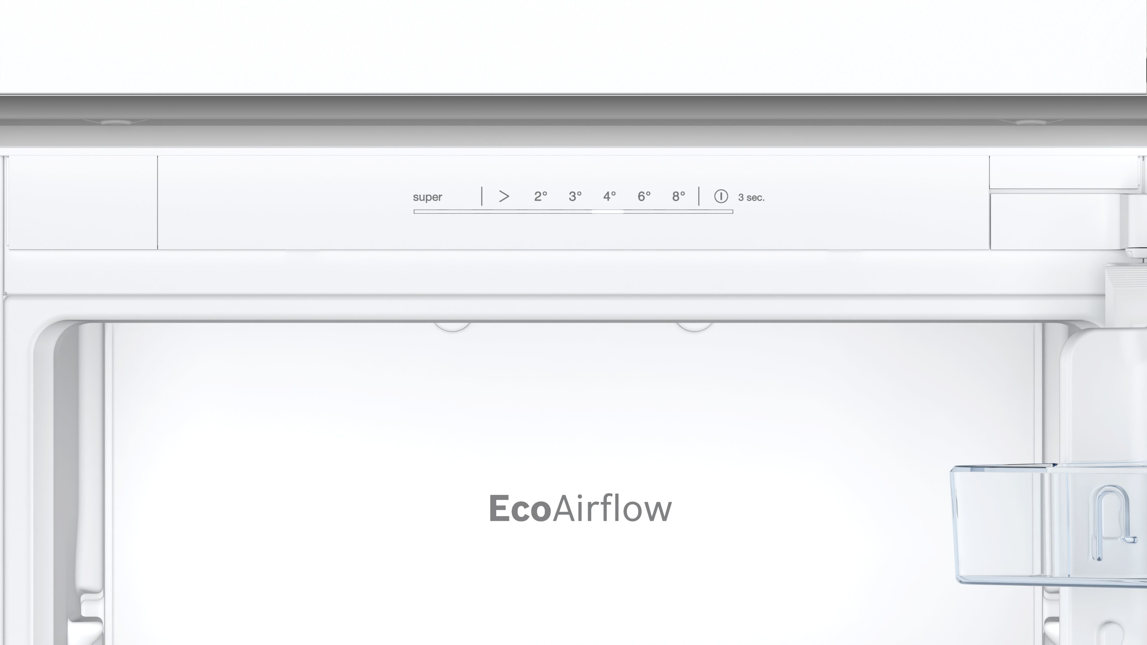 Nahaufnahme eines Kühlschrankinnenraums, der Einstellungen und die Beschriftung 'EcoAirflow' zeigt.