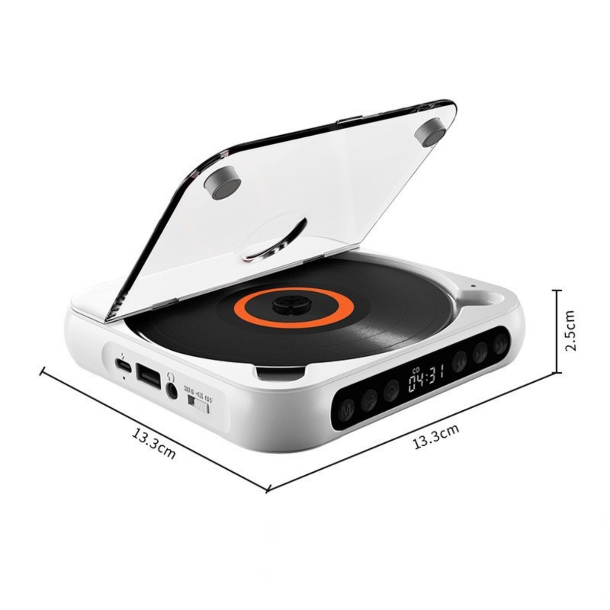 Weißer und schwarzer tragbarer CD-Player mit Abmessungen und Display.