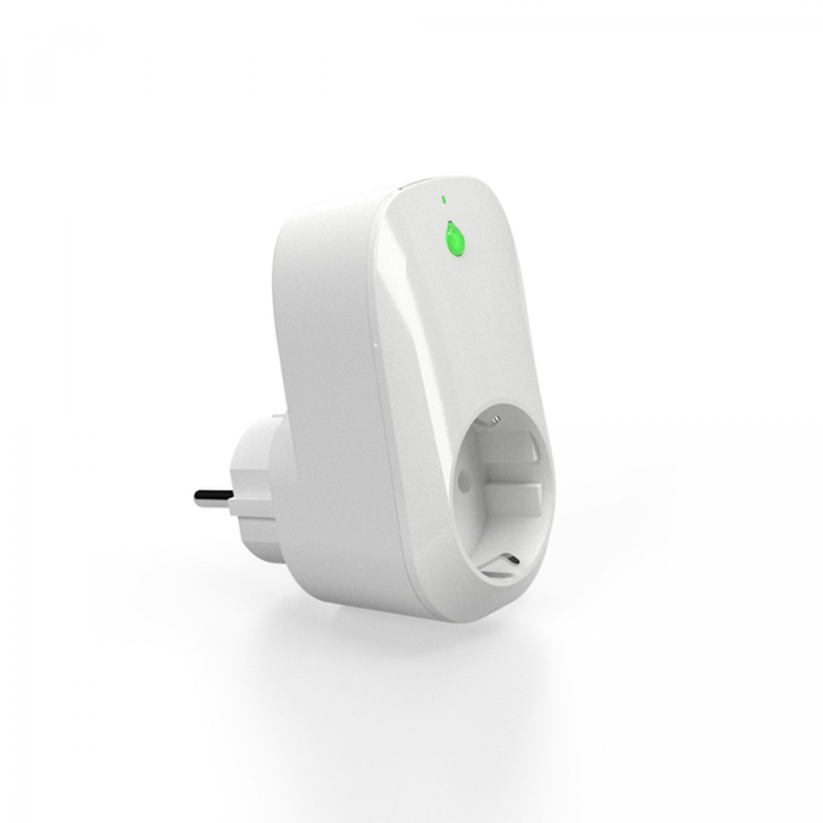Un enchufe inteligente blanco con una luz indicadora verde y un enchufe europeo.