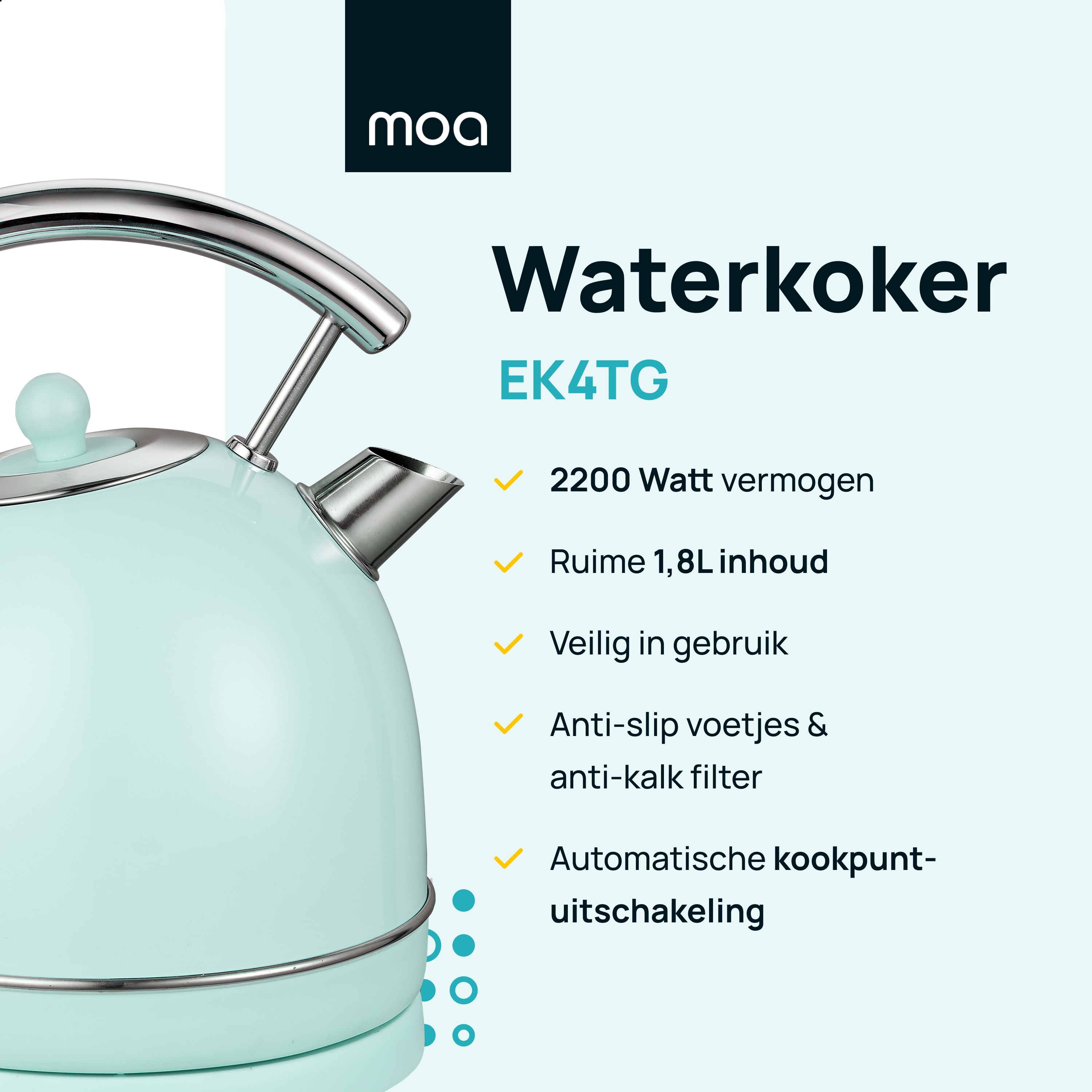 A blue electric kettle with text and features listed to its side.