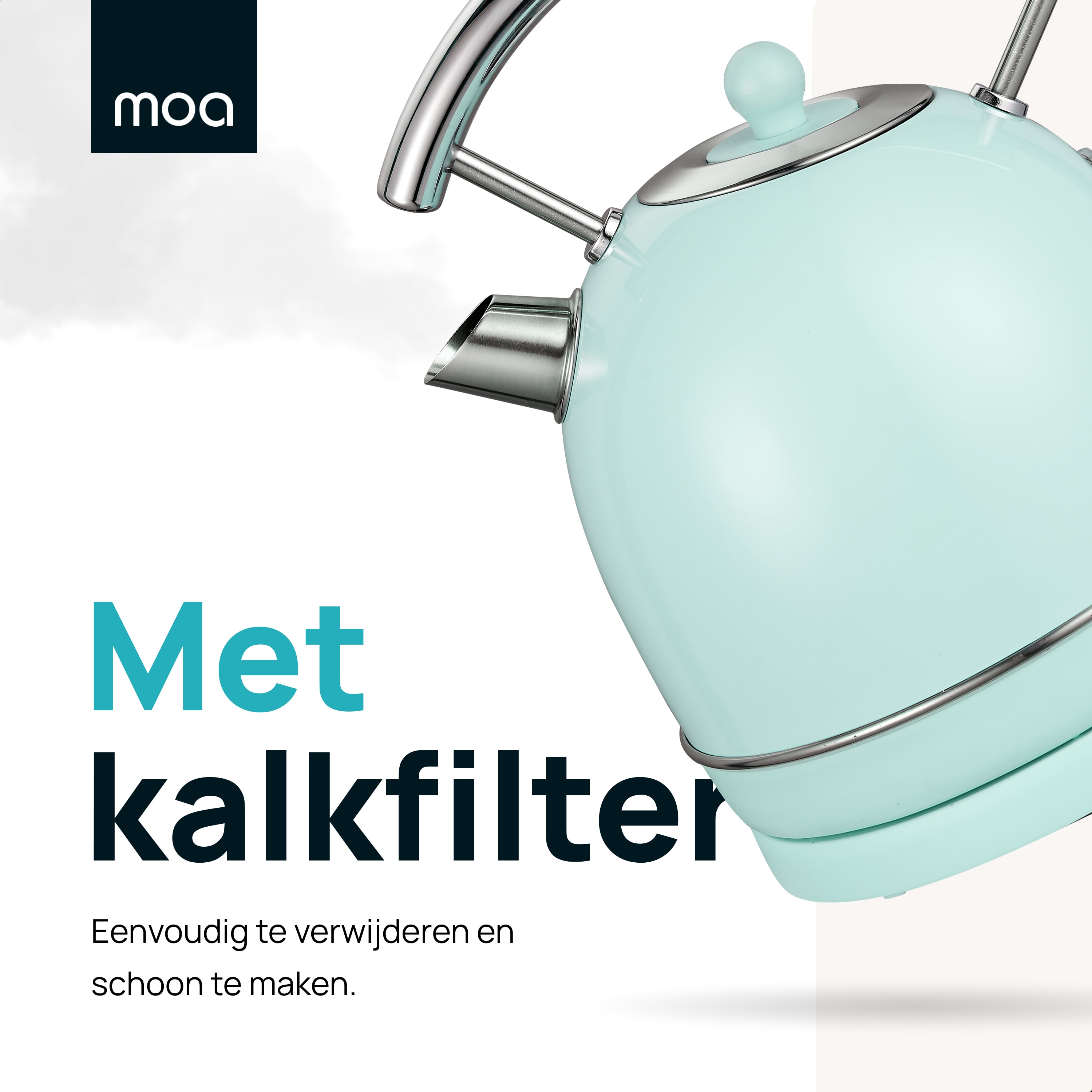 Teal kettle with a white background. Text indicates it has a lime filter.