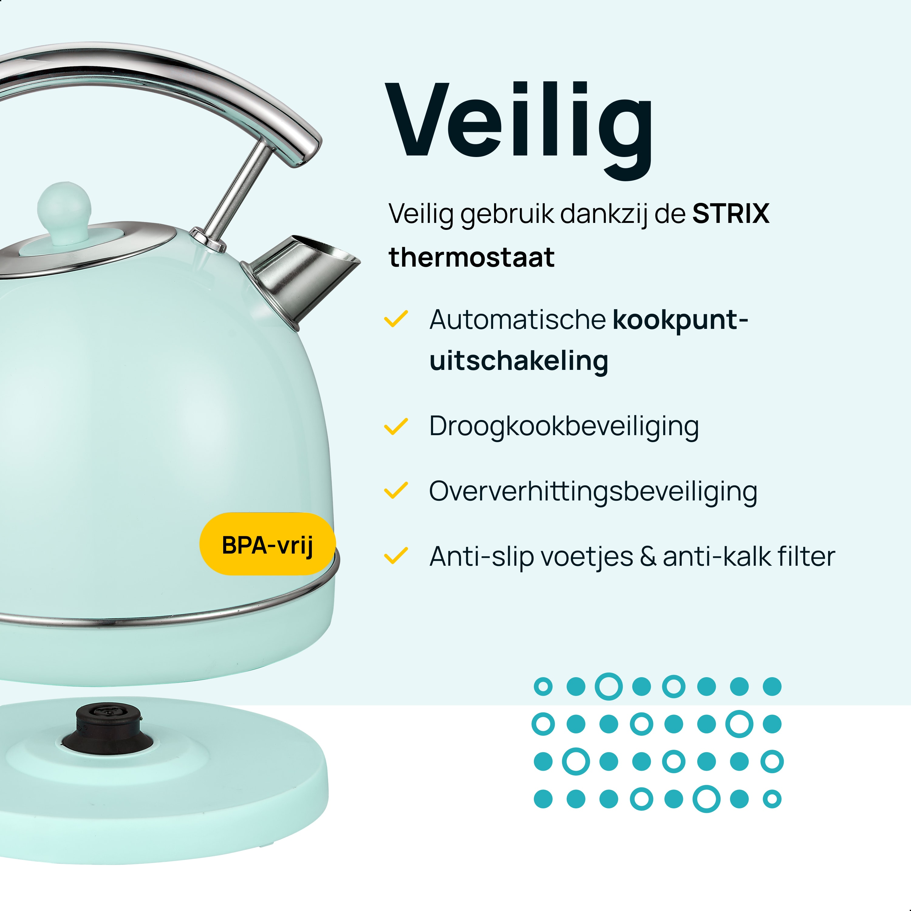 Teal kettle on a stand, with text about safety and BPA-free label.