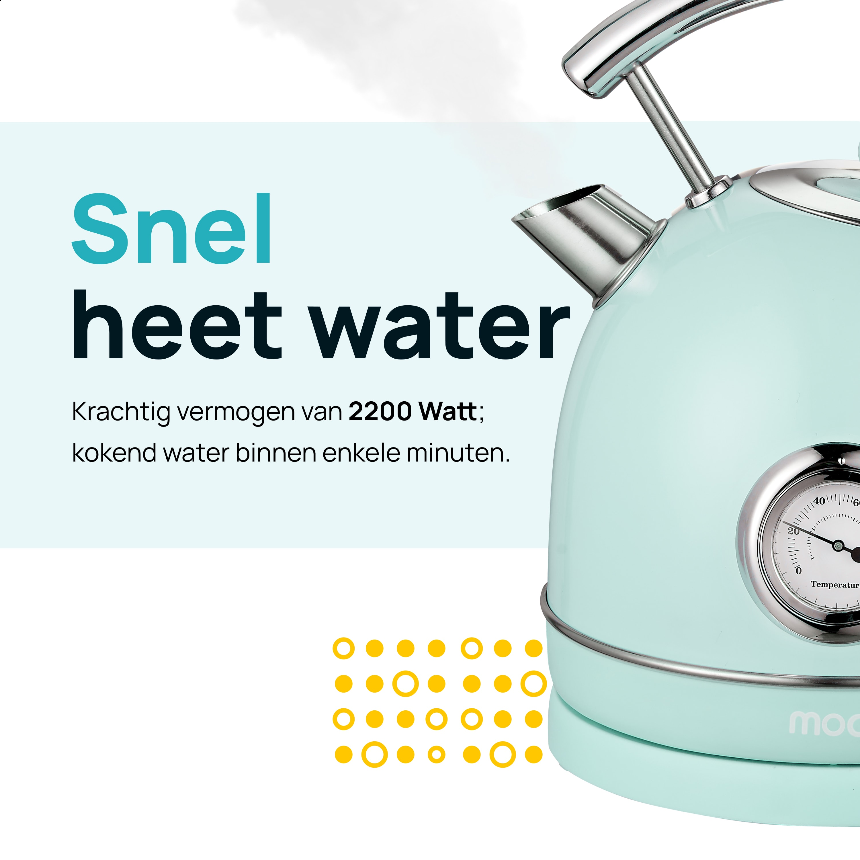 Mint green kettle with a temperature gauge, yellow dots.