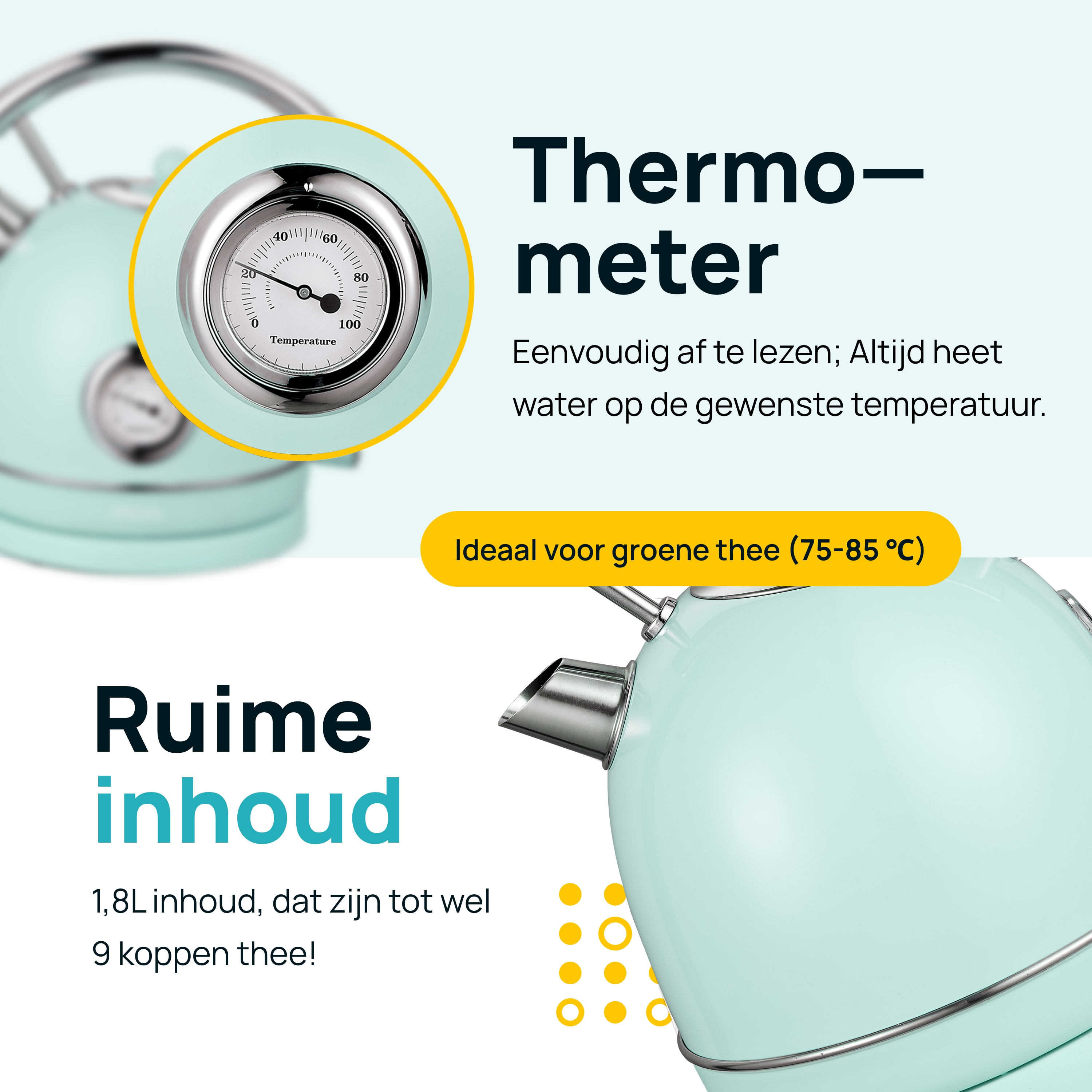 A light blue kettle with a thermometer. Text: Thermometer, 1.8L capacity, ideal for green tea.