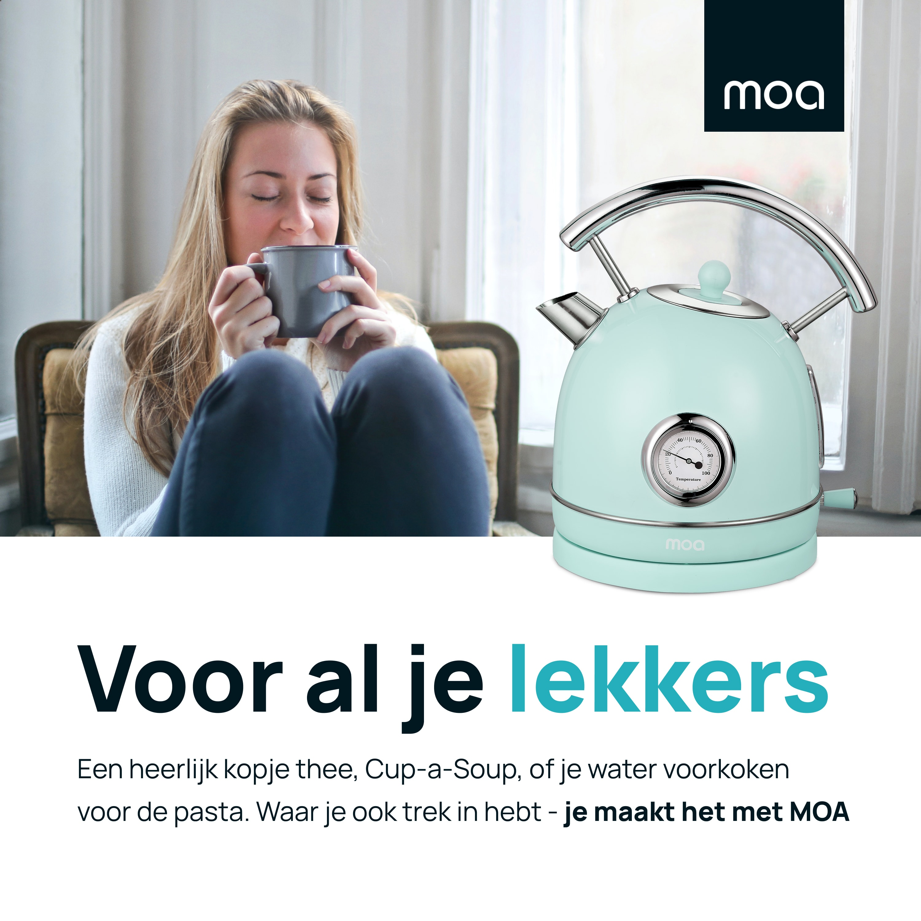 Woman drinking from a mug, a mint green kettle on the right, text below.