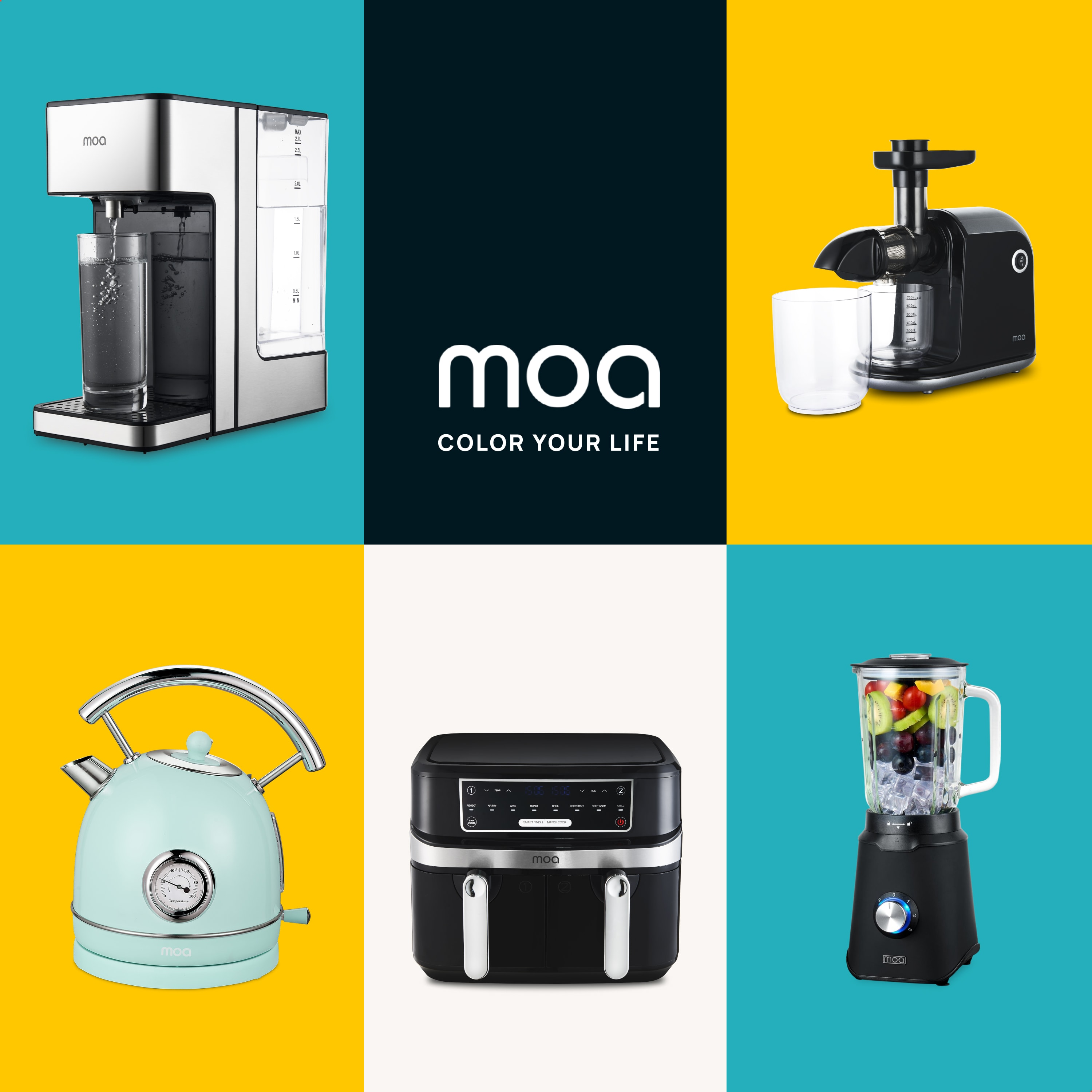 A collage of kitchen appliances on colorful backgrounds. Including a juicer and a blender.