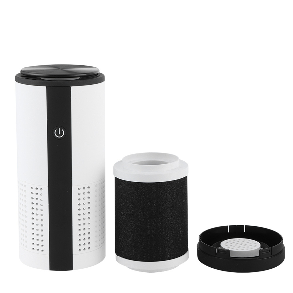 Luftreiniger in Weiß und Schwarz, Filter und schwarze Basis.