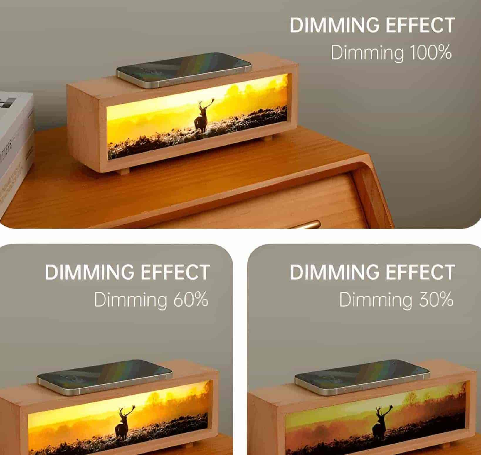 Ein Holzdisplay mit Telefon, mit Bildern, deren Helligkeit von gedämpft bis hell variiert.
