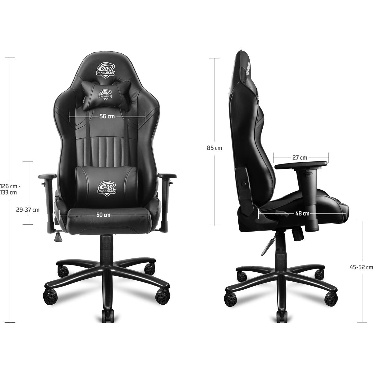 Ein schwarzer Gaming-Stuhl mit beschrifteten Abmessungen, der Sitz, Rückenlehne, Armlehnen und Untergestell zeigt.