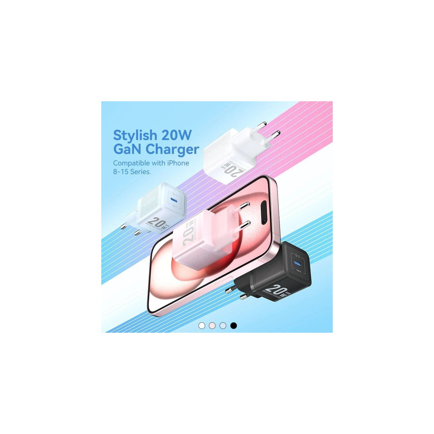 Tre caricabatterie: Bianco, rosa e nero. Sono collegati a un telefono. Il testo dice 'Stylish 20W GaN Charger'.