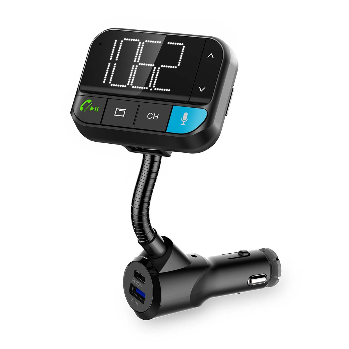 Zwarte auto FM-zender met display dat 105.2 weergeeft, knoppen en een USB-poort.