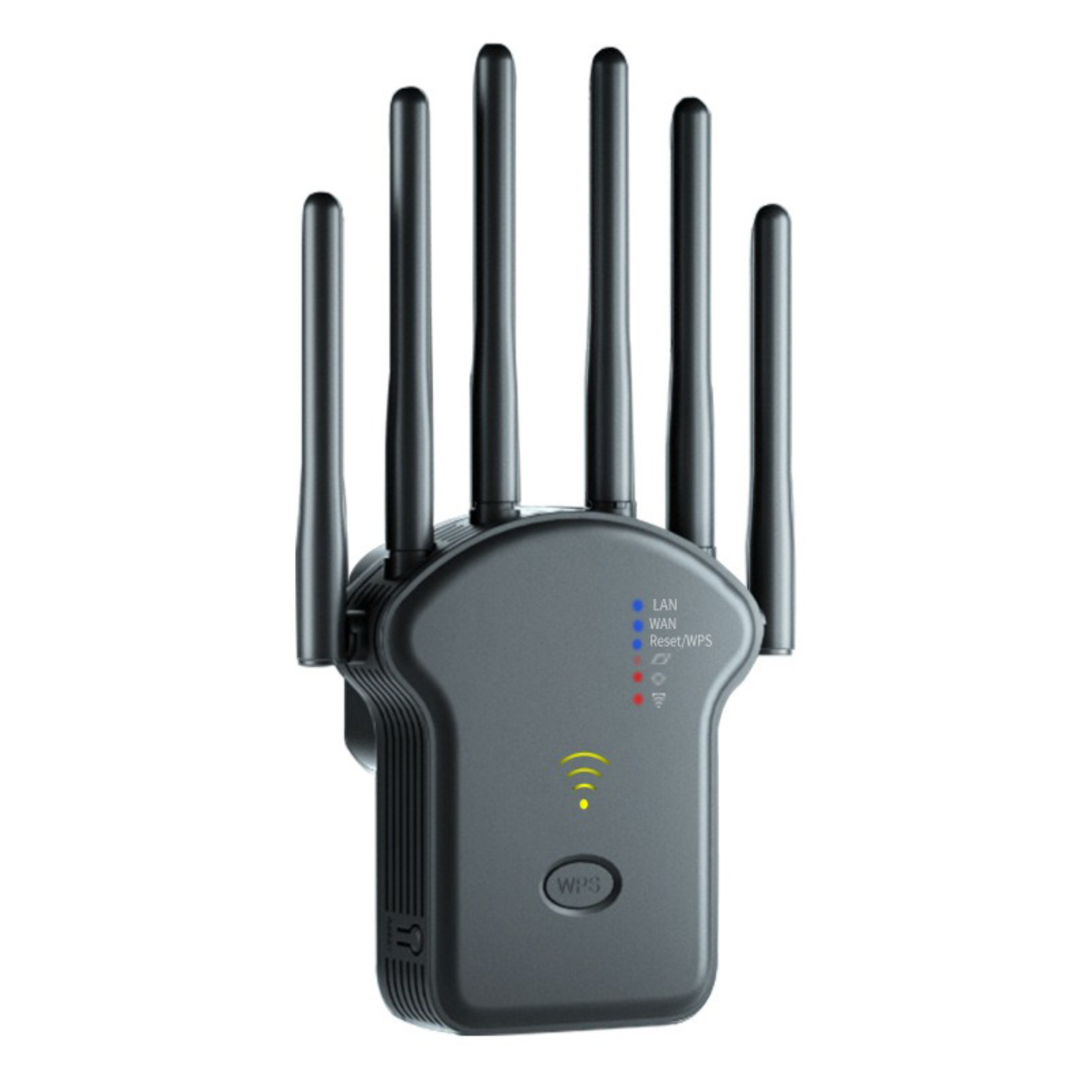 Schwarzer WLAN-Extender mit Antennen. Anzeigen für LAN, WAN. WPS-Taste sichtbar.